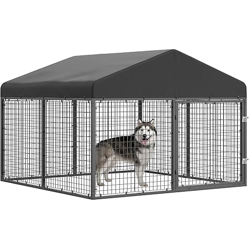 Large Outdoor Dog Enclosure,Heavy Duty Dog Cage with Roof,Galvanized Steel Dog Kennel Fence with Double Safety Locks(79”W x 79”D)