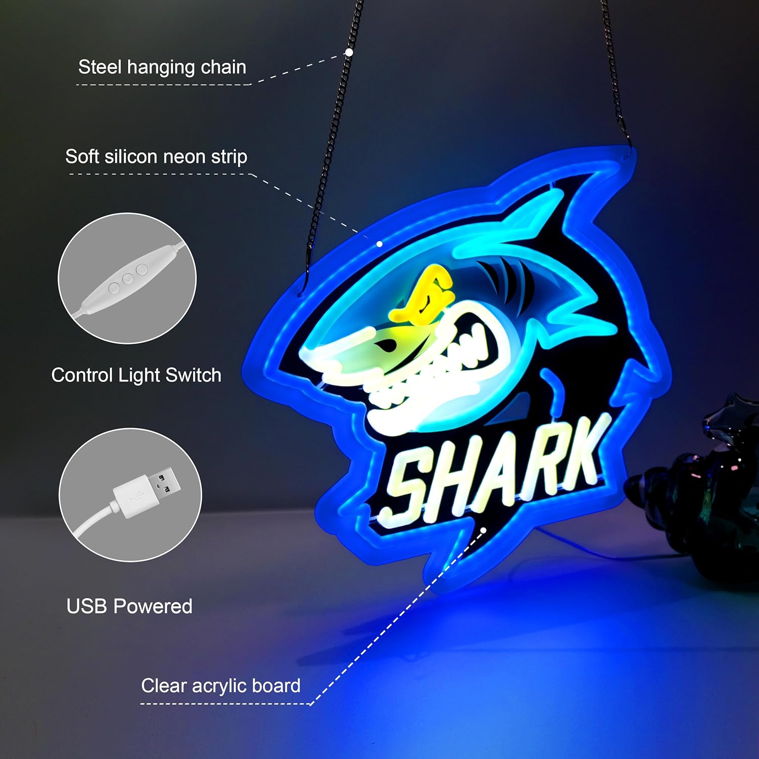 Shark Neon Sign,Innovative Integral Forming Process,With Dimmable Switch For All Holiday Party and Home Decoration