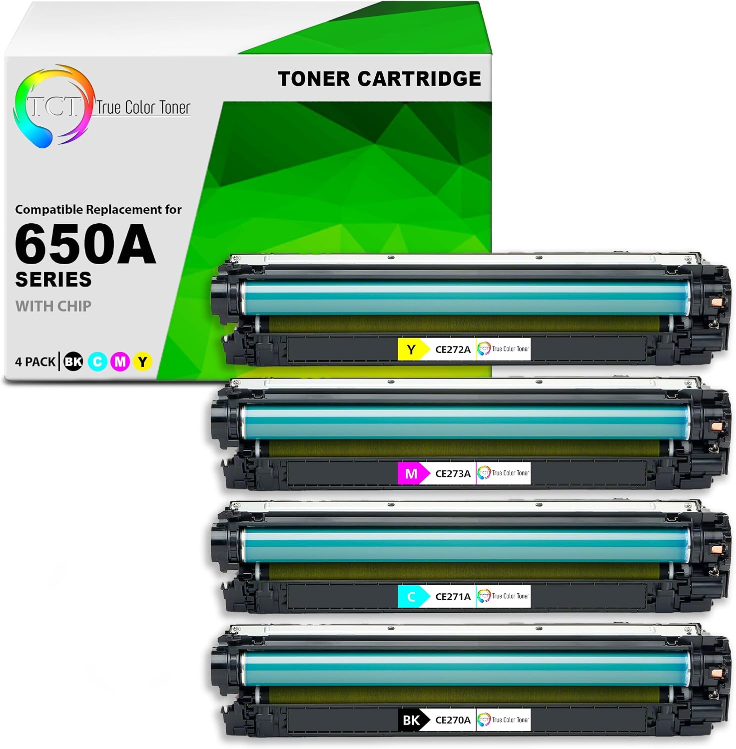 TCT 650A Compatible Toner Cartridge 4 Pack - HP 650A CE270A CE271A CE272A CE273A for HP Color LaserJet Enterprise CP5525 Printers (Black, Cyan, Magenta, Yellow)