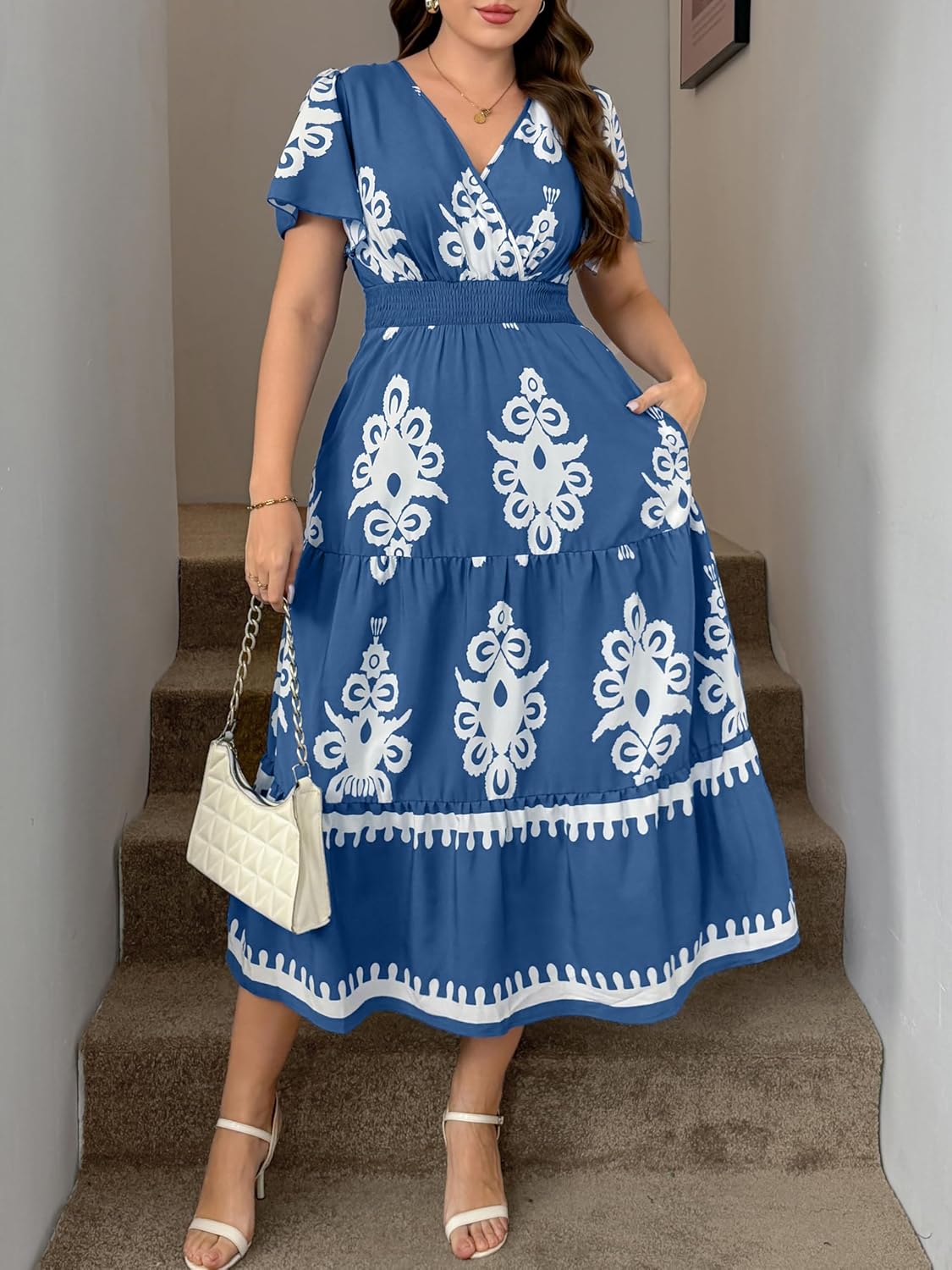 RWJ Womens Plus Size Dresses 2026 Summer Casual Wrap V Neck Short Sleeve Aline Floral Boho Maxi Dress with Pocket - Image 4