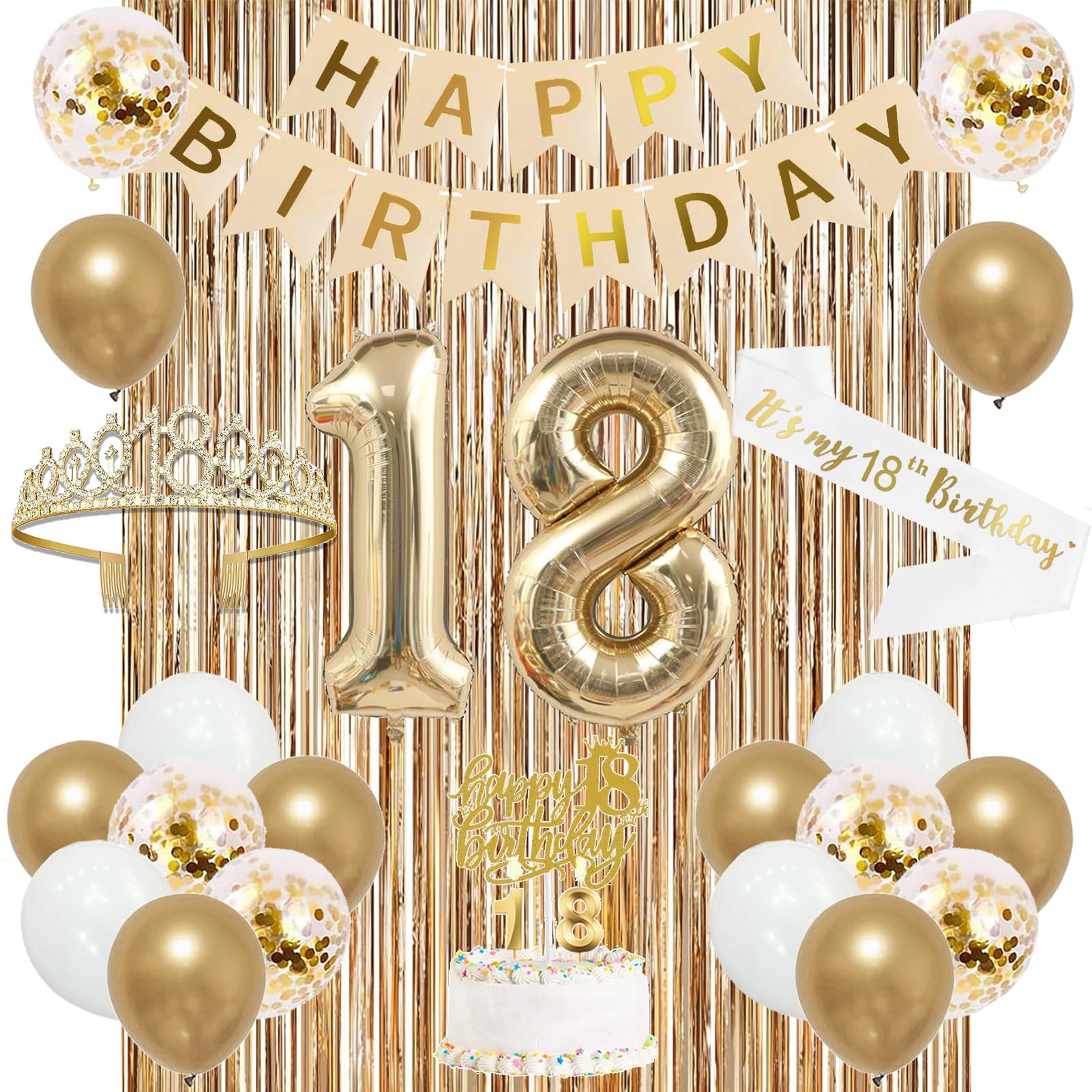 Trgowaul Happy 18th Birthday Decorations for Girls, Banner, Sash and Crown, Cake Topper, 18 Number Balloon, Fringe Curtains, Champagne Gold 18th
