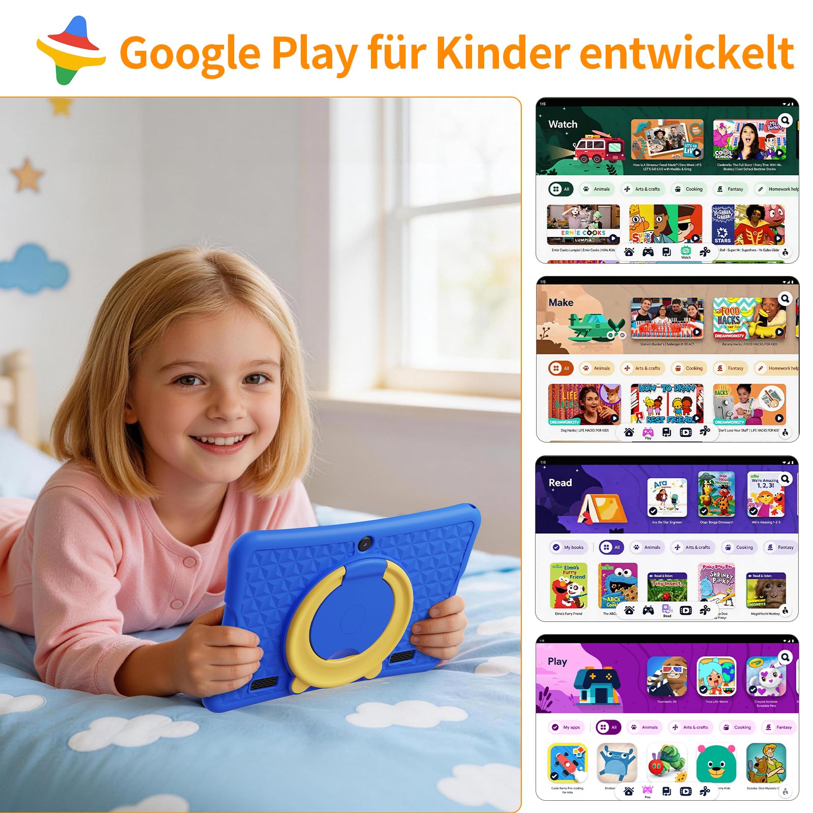 DigiLand 10,1-Zoll-Kinder-Tablet, Android 15-Tablets mit Schutzhülle, RAM 6GB + ROM 32GB, 1280 * 800 IPS-Bildschirm, 2MP+5MP Dual-Kamera, 6000mAh, OTA, Lerntablett mit Kindersicherung und iWawa,Blau