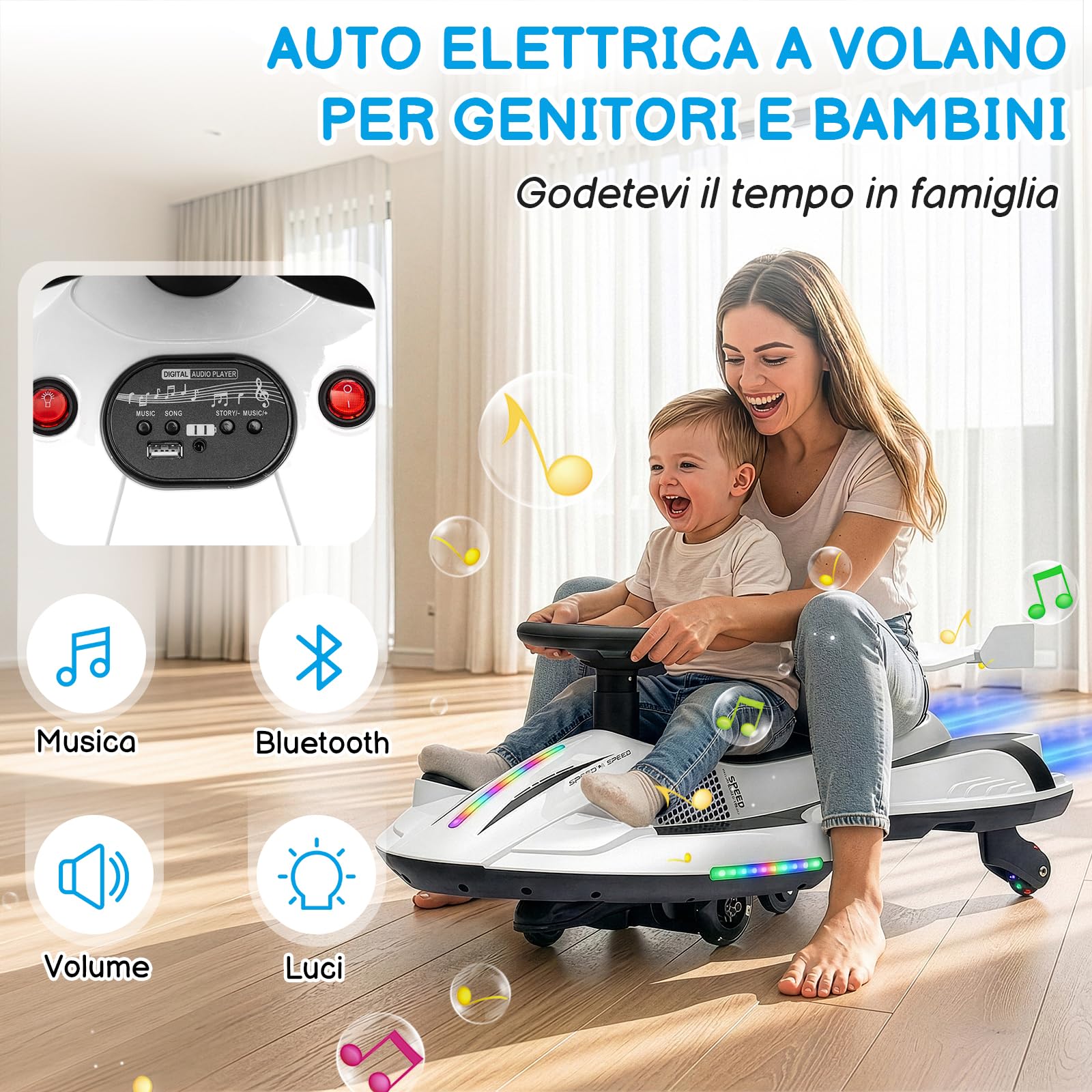 LALAHO Macchina Elettrica Per Bambini 12 V con Pedale, 2 in 1 Auto Elettrica con 2 Velocità, Luci LED, Protezione Antiribaltamento, ruote luminose, per bambini dai 3 anni in su (Bianco-Nero)
