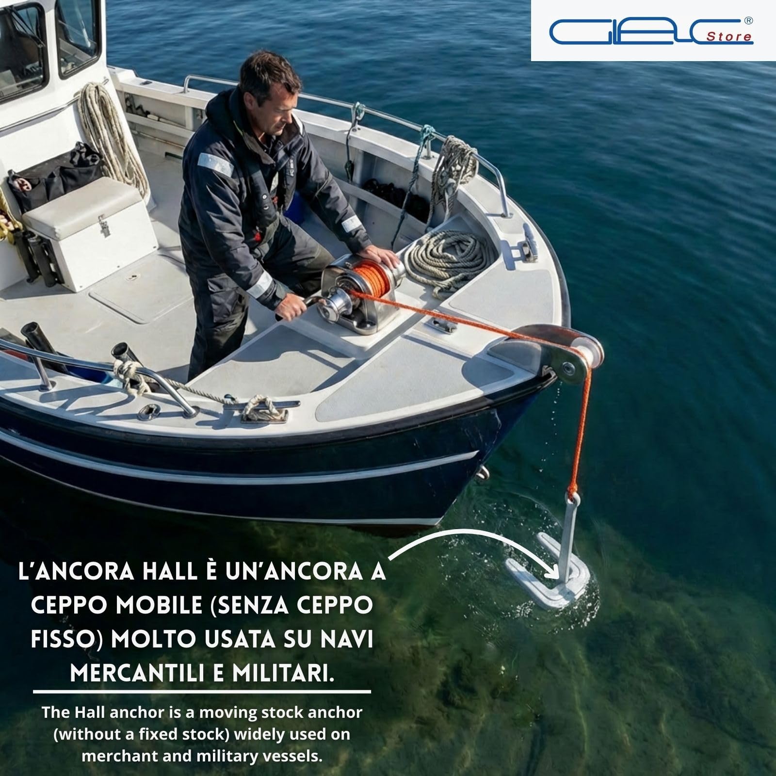 Ancora Hall in Ghisa Zincata a Caldo con Cima Galleggiante 30m e Moschettone Inox Inclusi – Ceppo Mobile per Barca e Gommone – Sabbia e Fango – 2Kg 3Kg 4Kg 6Kg 8Kg10Kg