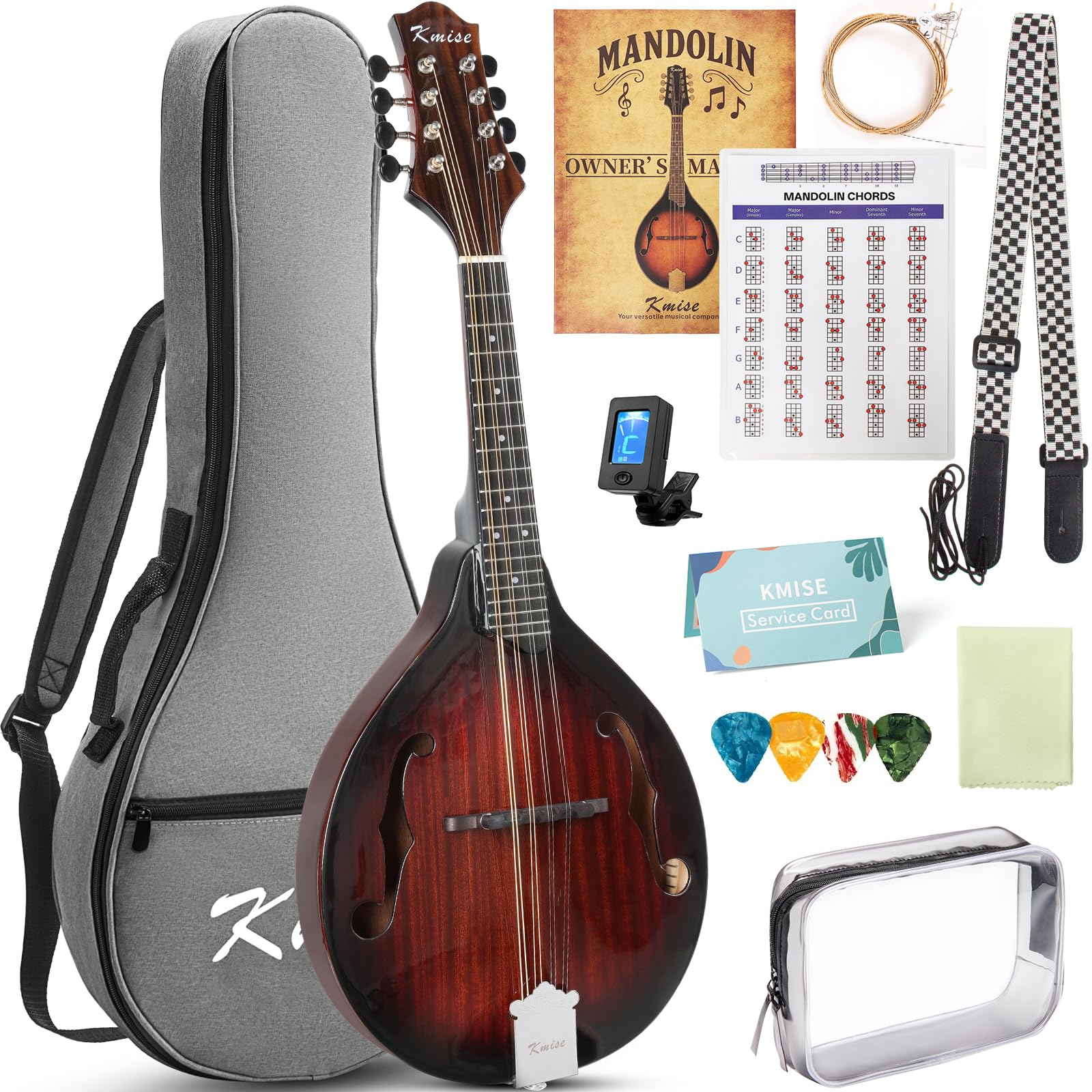 Mandolin Musical Instrument A Style, Acoustic Mandolins Instrument Kit 8 String with Tuner Strap Gig Bag Chord Chart for Professional Beginners Adults Teens Youth