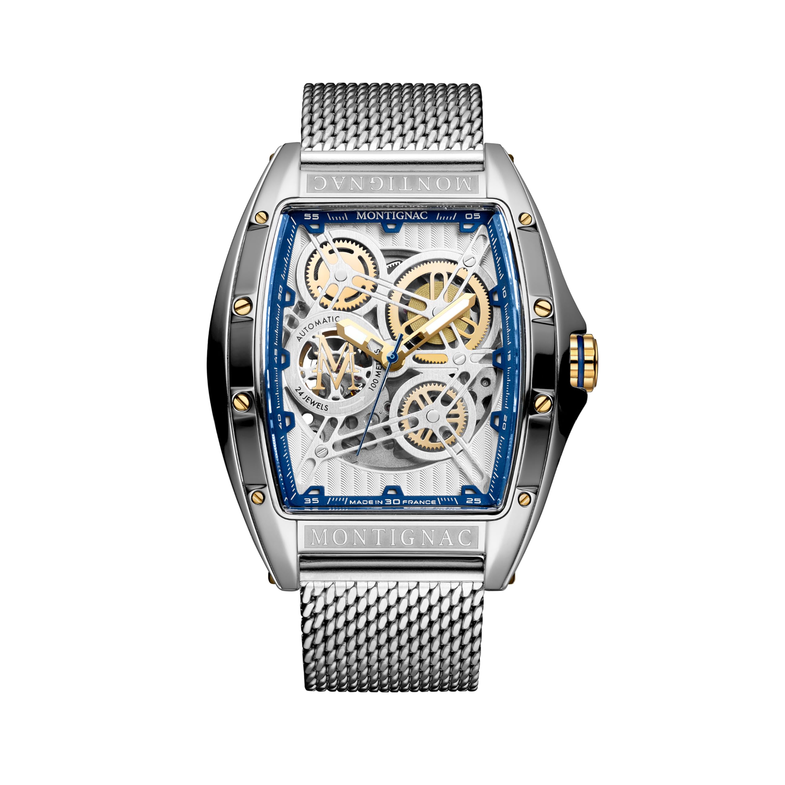 Orologio da uomo Paladin Botte Automatico – Cassa in acciaio 53,7 x 45 mm – Quadrante argentato scheletro – Bracciale maglia milanese – Movimento apparente – Impermeabile 100 m – MOW1213