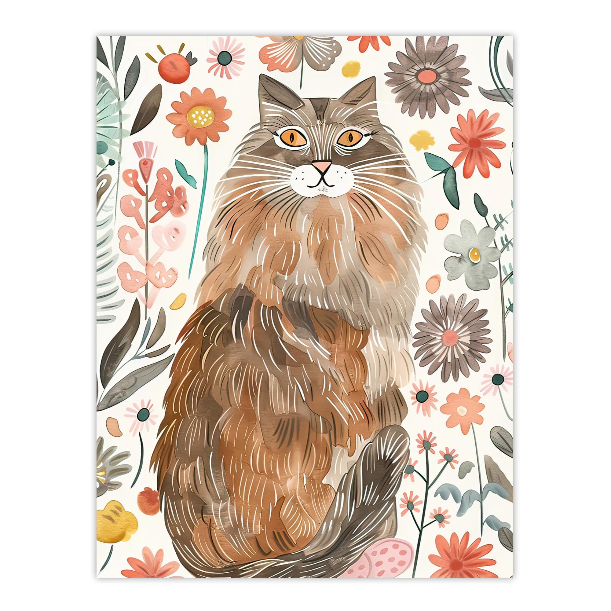 Artery8 Cat Lover Maine Coon Folk Art Floral Watercolour Living Room Large Wall Art Poster Print Thick Paper 18X24 Inch