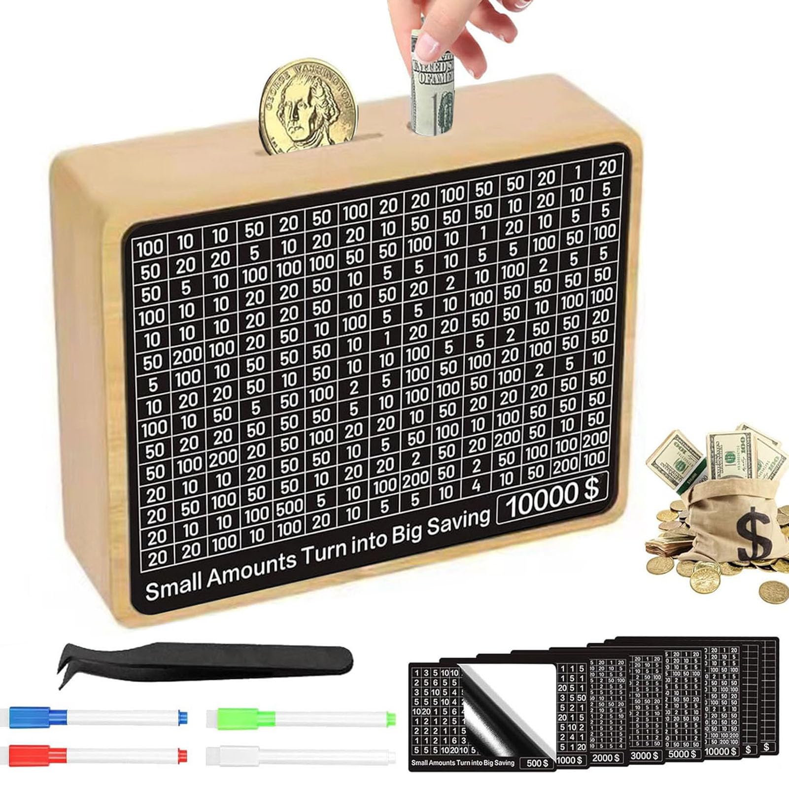 Wooden Savings Box with Counting Target, 2025 New Cash Coin Savings Box for Saving $10000 $5000 $3000 $2000 $1000 Target, Cash Saving Box Piggy Bank