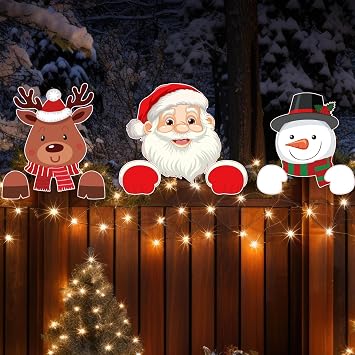 Sawysine 3 Pcs Christmas Fence Peeker Decor with Light Santa Snowman Elk Gingerbread Man Elf Yard Sign Xmas Outdoor Decor Christmas Fence Peeker Art for Home Patio Lawn Garden PathwayCute Style