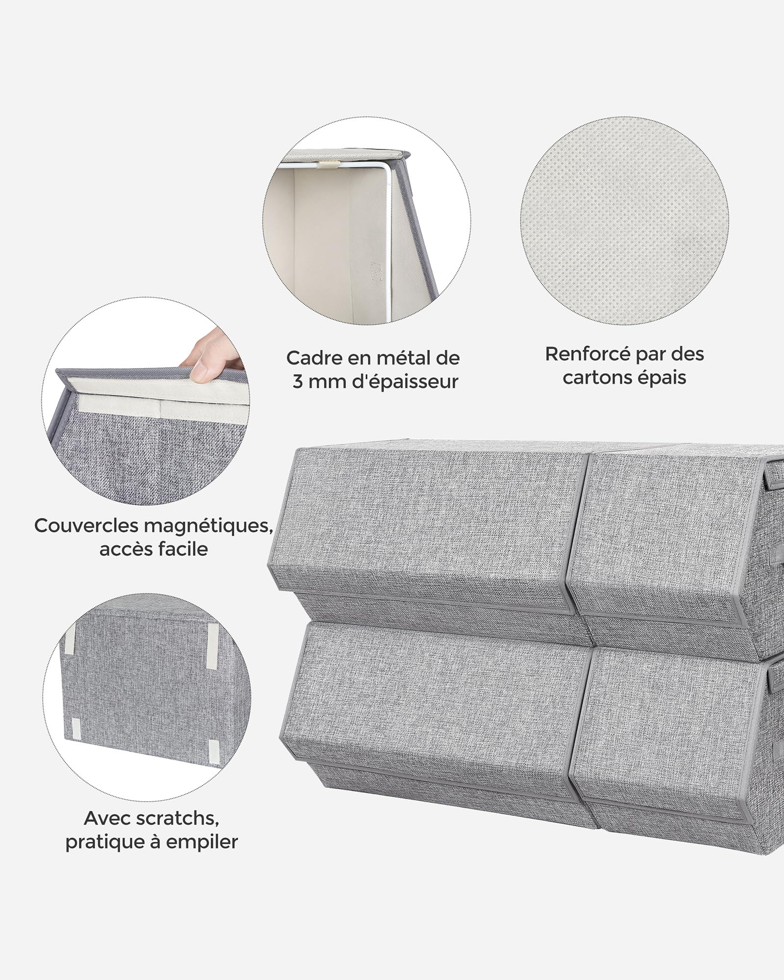 SONGMICS Boîte de Rangement avec Couvercle, Lot de 4, Coffre, Panier, Empilable, avec Fermetures Magnétiques, en Tissu, Cadre en Métal, pour Vêtements, Livres, Gris RLB22GY