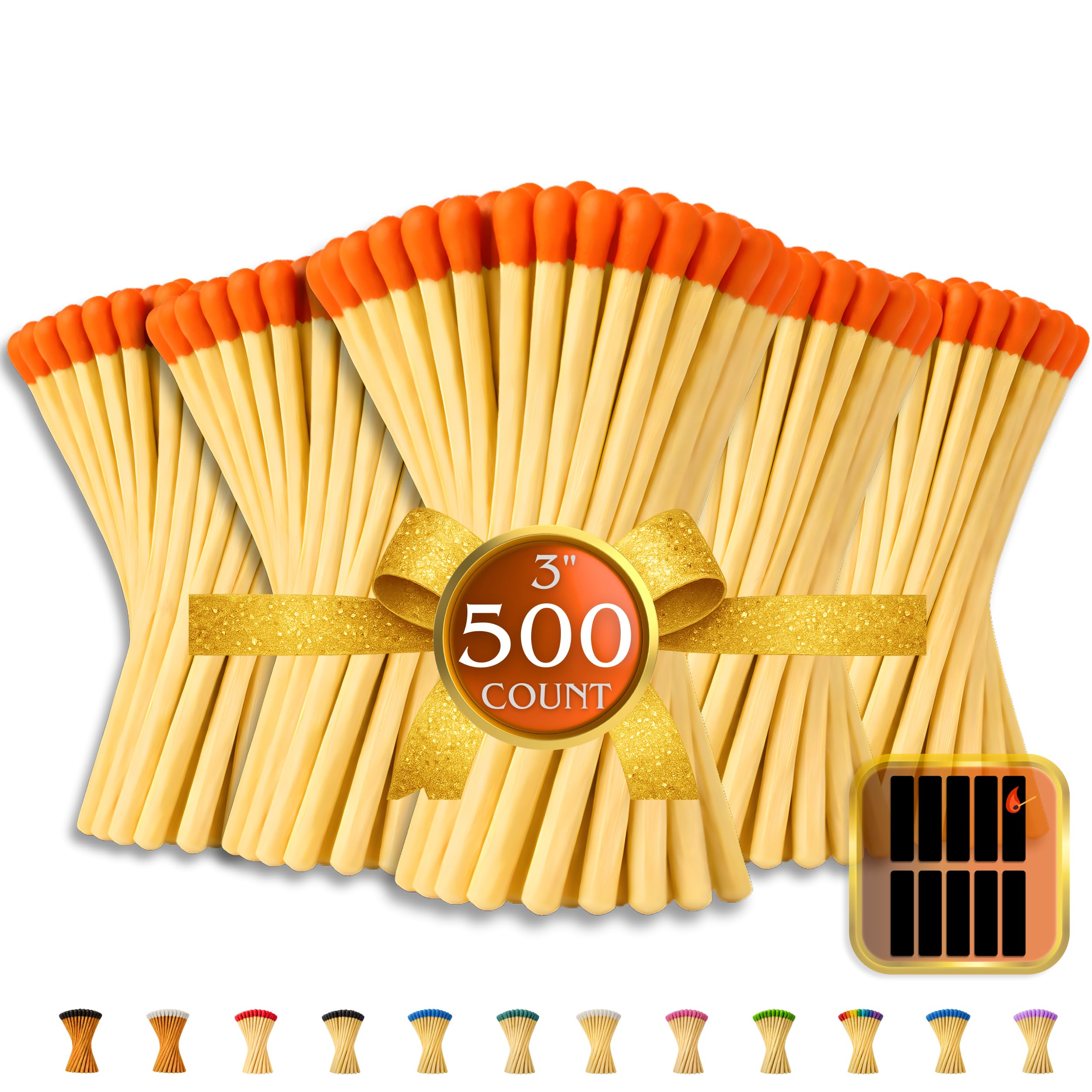 500 Count - 3" Long Orange Color Matches | Three Inch Coloful Loose Wooden Safety Match Sticks for Candle Display | Refill Decorative Jar Holder Bottle | Striker Included