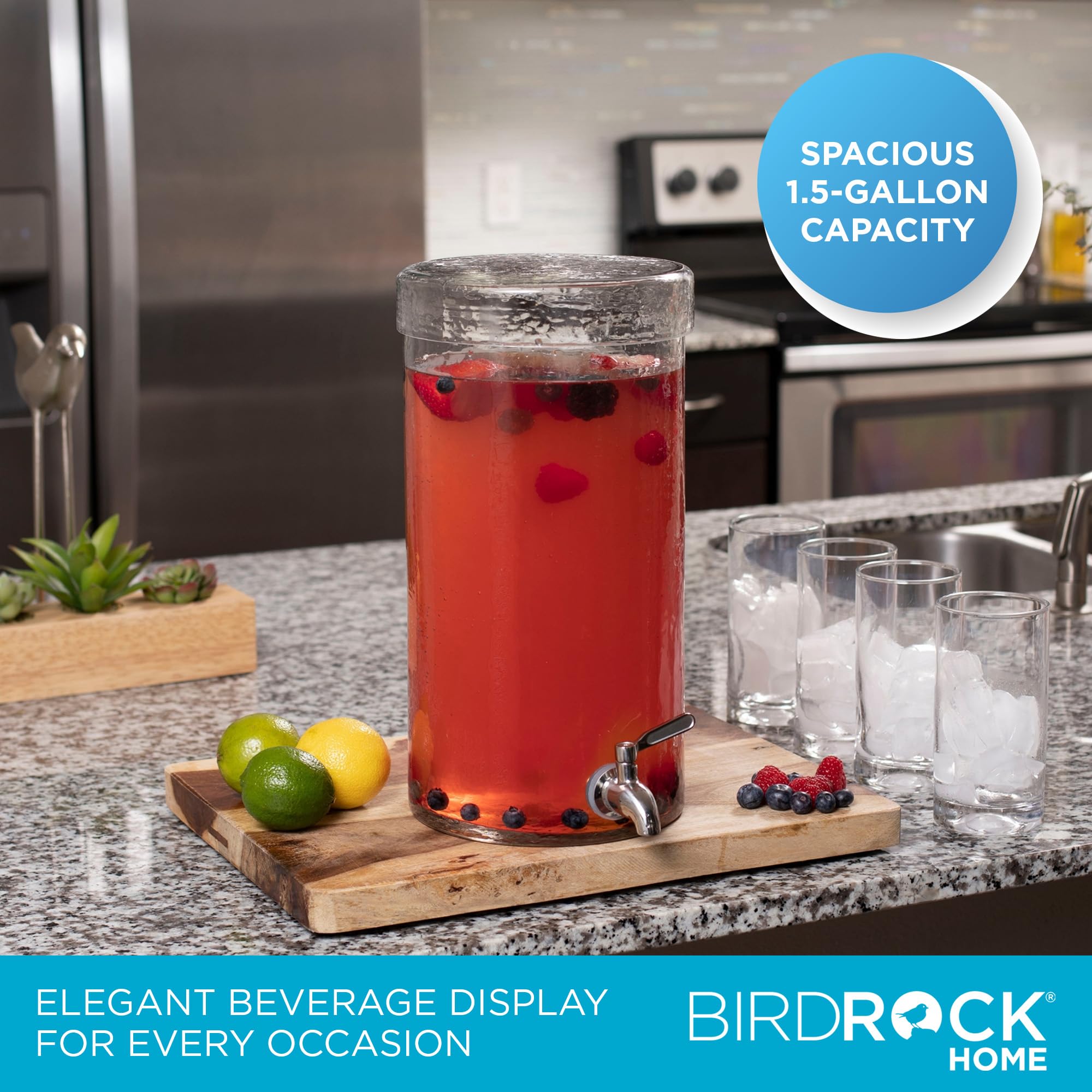 BIRDROCK HOME - Dispenser per bevande impilabile con coperchio, in vetro martellato, con puntale in acciaio inox, rotondo, per bevande, limonata, sangria, teiera e acqua