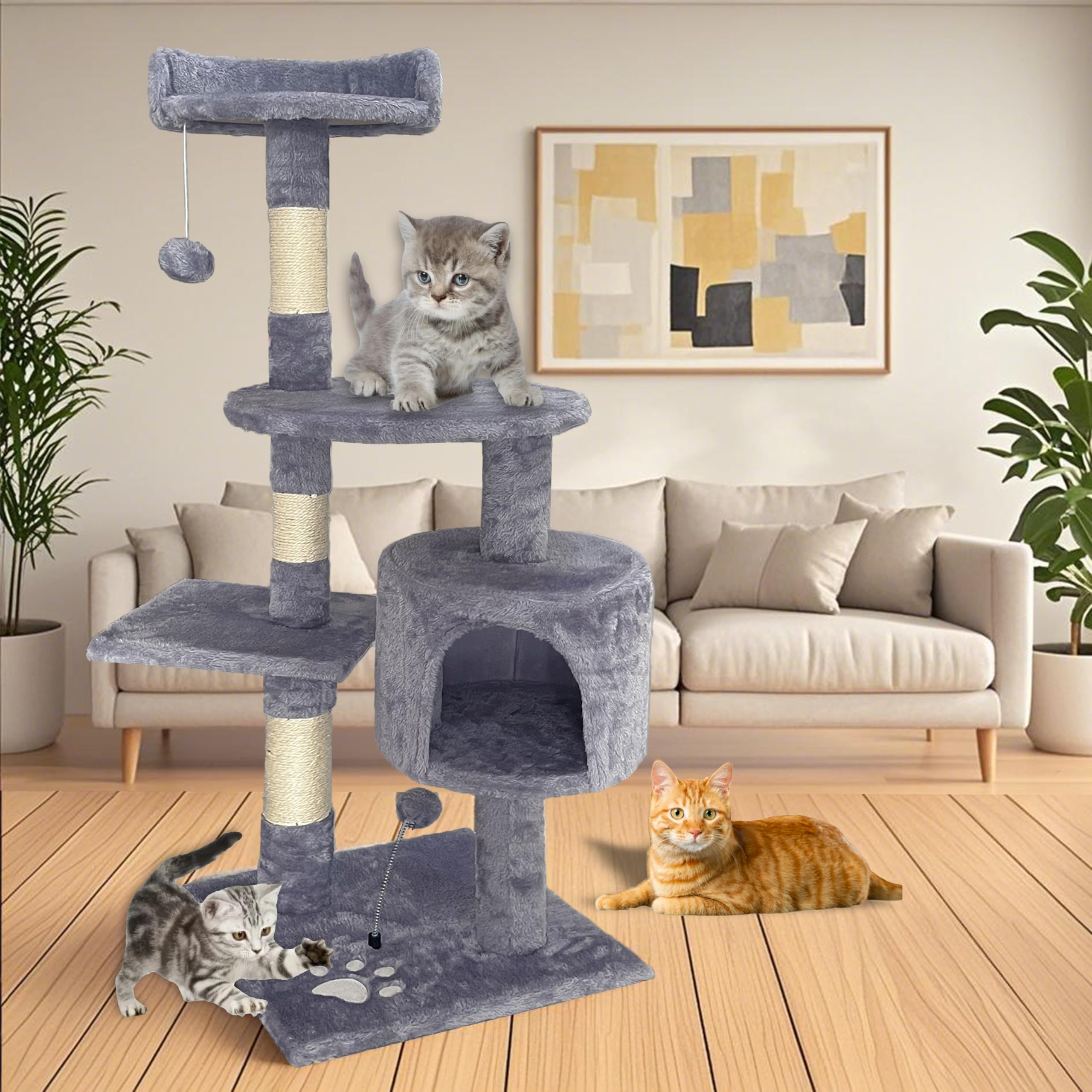 Aitodos® Arbol Rascador para Gatos,Gris Claro,115 cm de Altura,5 Pilares, 4 Plataformas, 1 Cueva de Gatos y 2 Bolas Colgantes, Tabla de Rascado de Gato, Tela de Felpa,Torre para Gatos