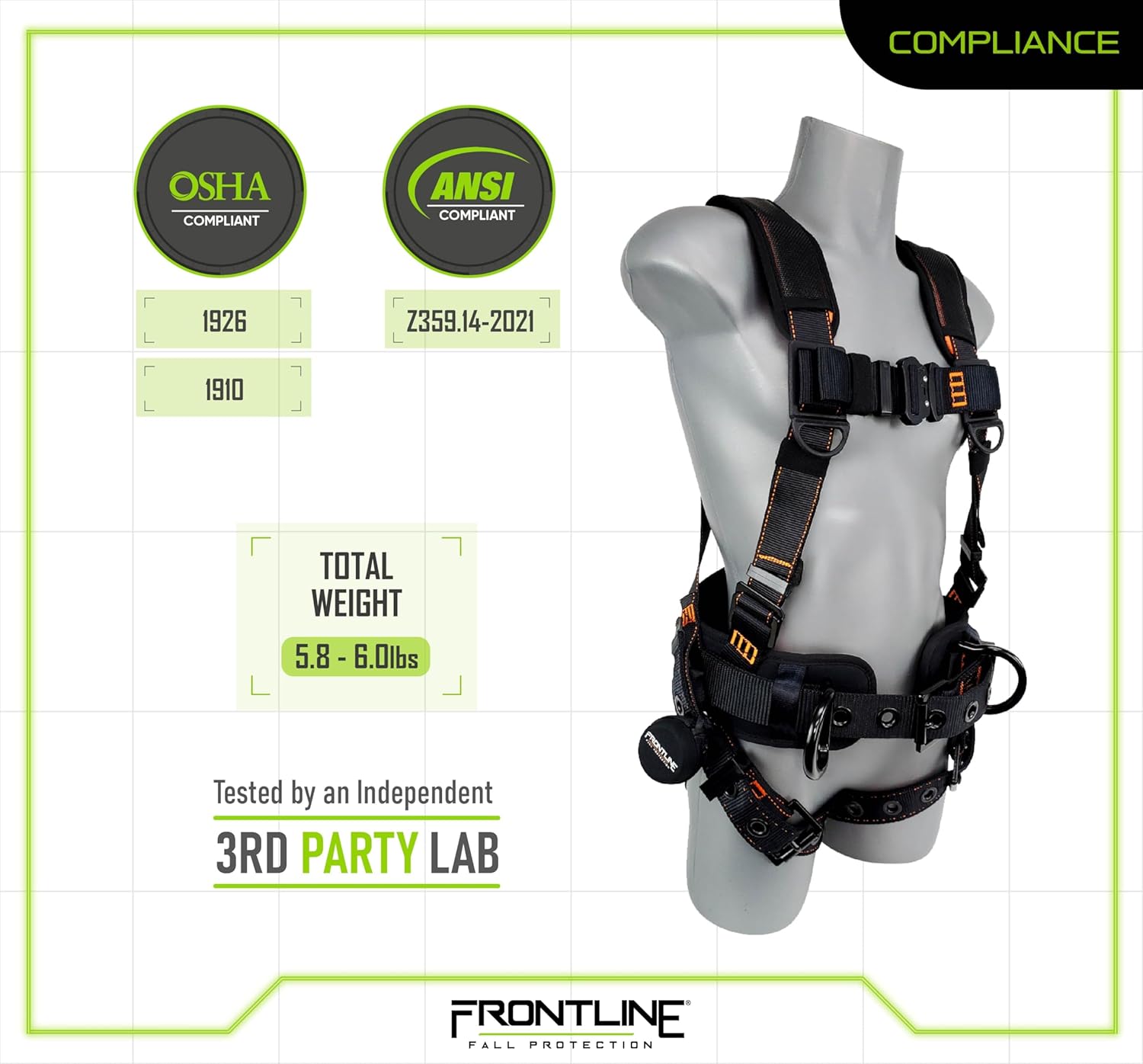 FRONTLINE FALL PROTECTION Harnesses + D-Ring+ Multiple Styles + OSHA and ANSI compliant