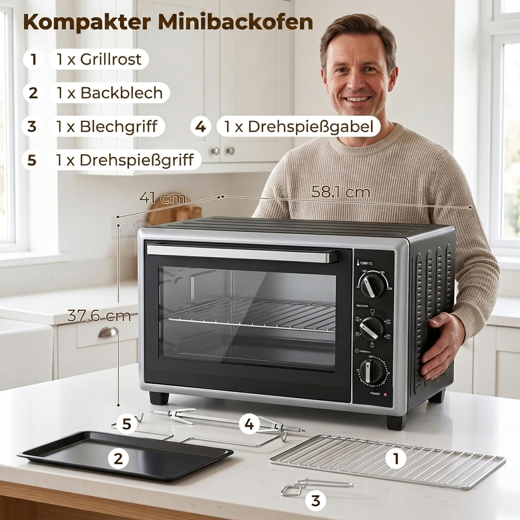 HOMCOM Mini piekarnik z obiegiem, rożen obrotowy, 46 l, 90-230 ℃, timer 60