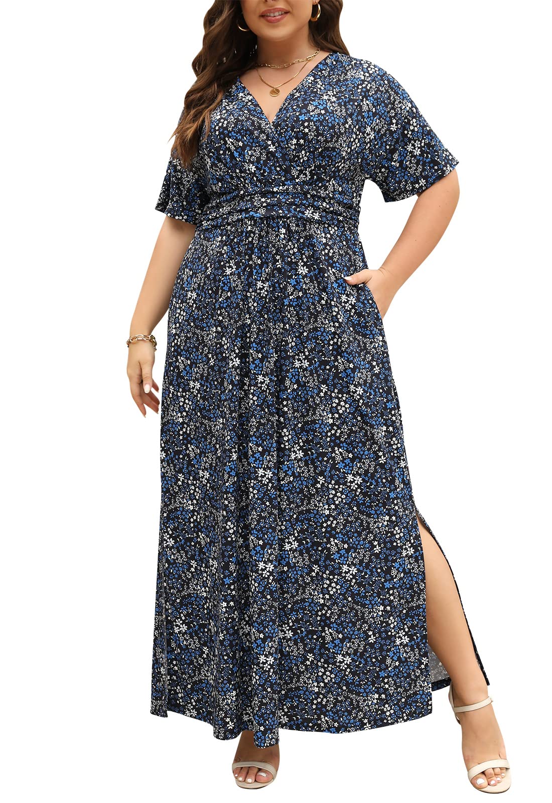 KeluummiPlus Size Women 2023 Summer Casual Boho Floral Flutter Sleeve Empire Waist V Neck Wrap Maxi Dress with Pocket