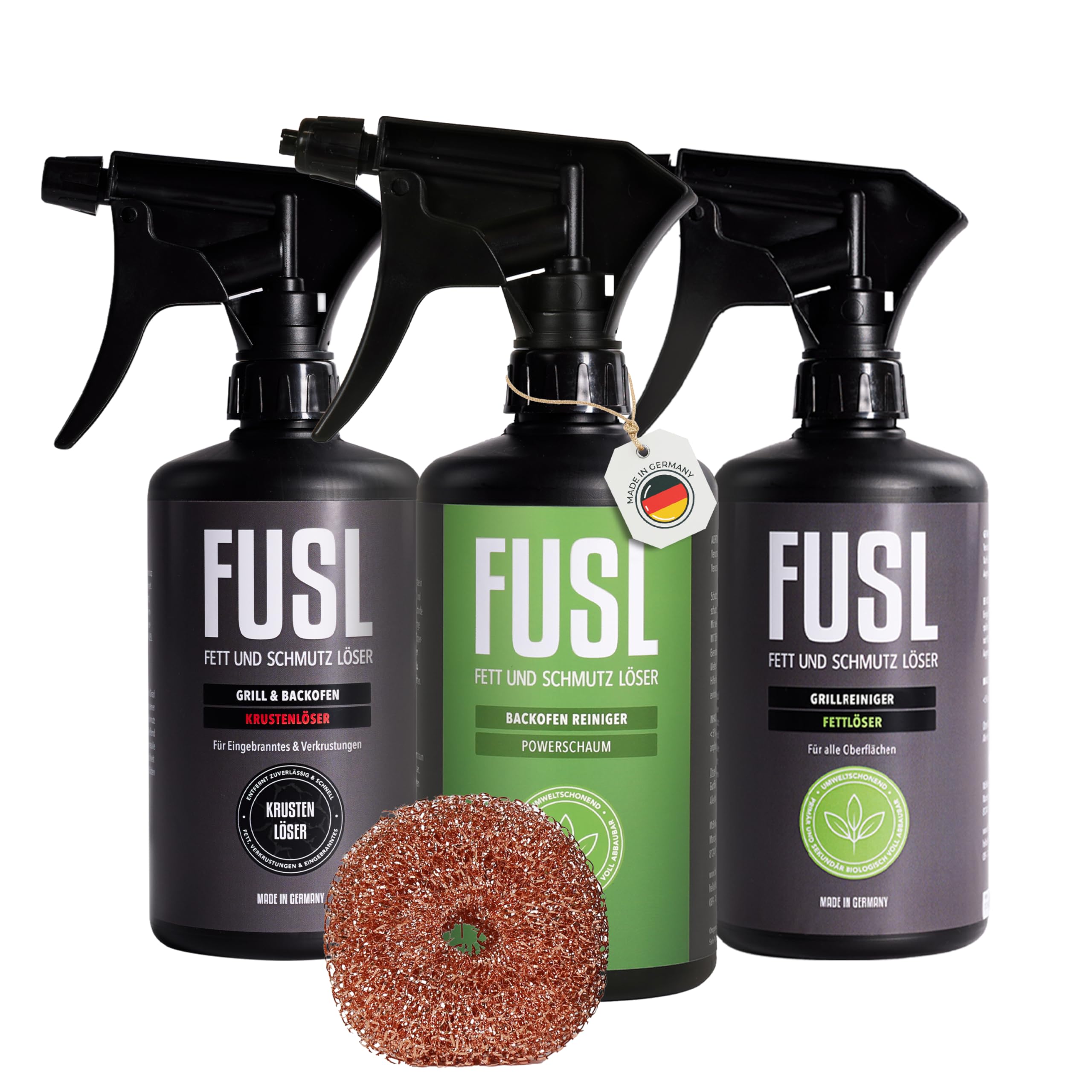 Reinigungsset 3x500 ml + Kupferschwamm – Krustenlöser, Fettlöser & Backofenreiniger Power-Schaum für Grill, Backofen, Pfanne, Ceranfeld & mehr – stark gegen Eingebranntes & fettige Rückstände