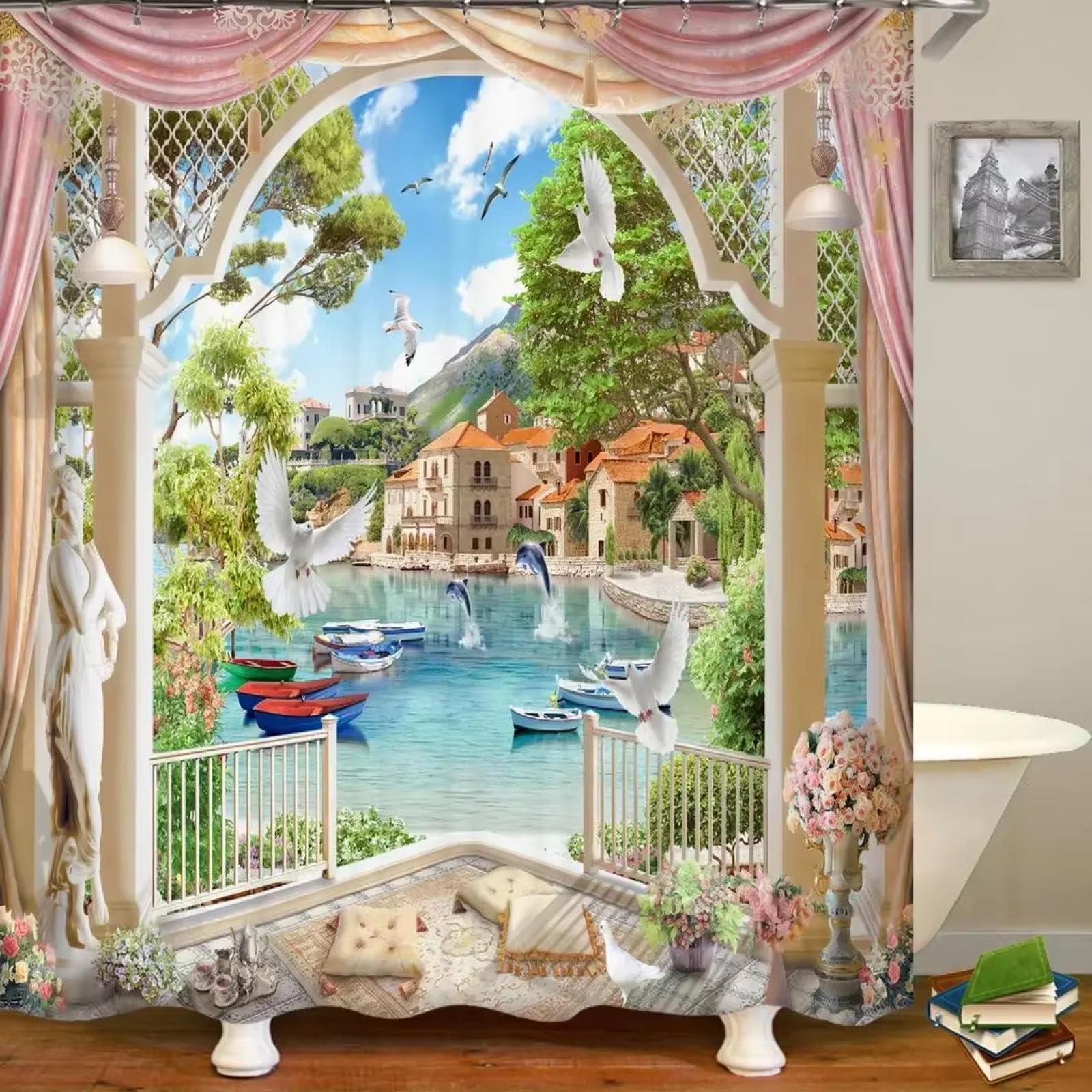 Rideau de douche imperméable pour petite salle de bain motif paysage marin et fleurs de jardin
