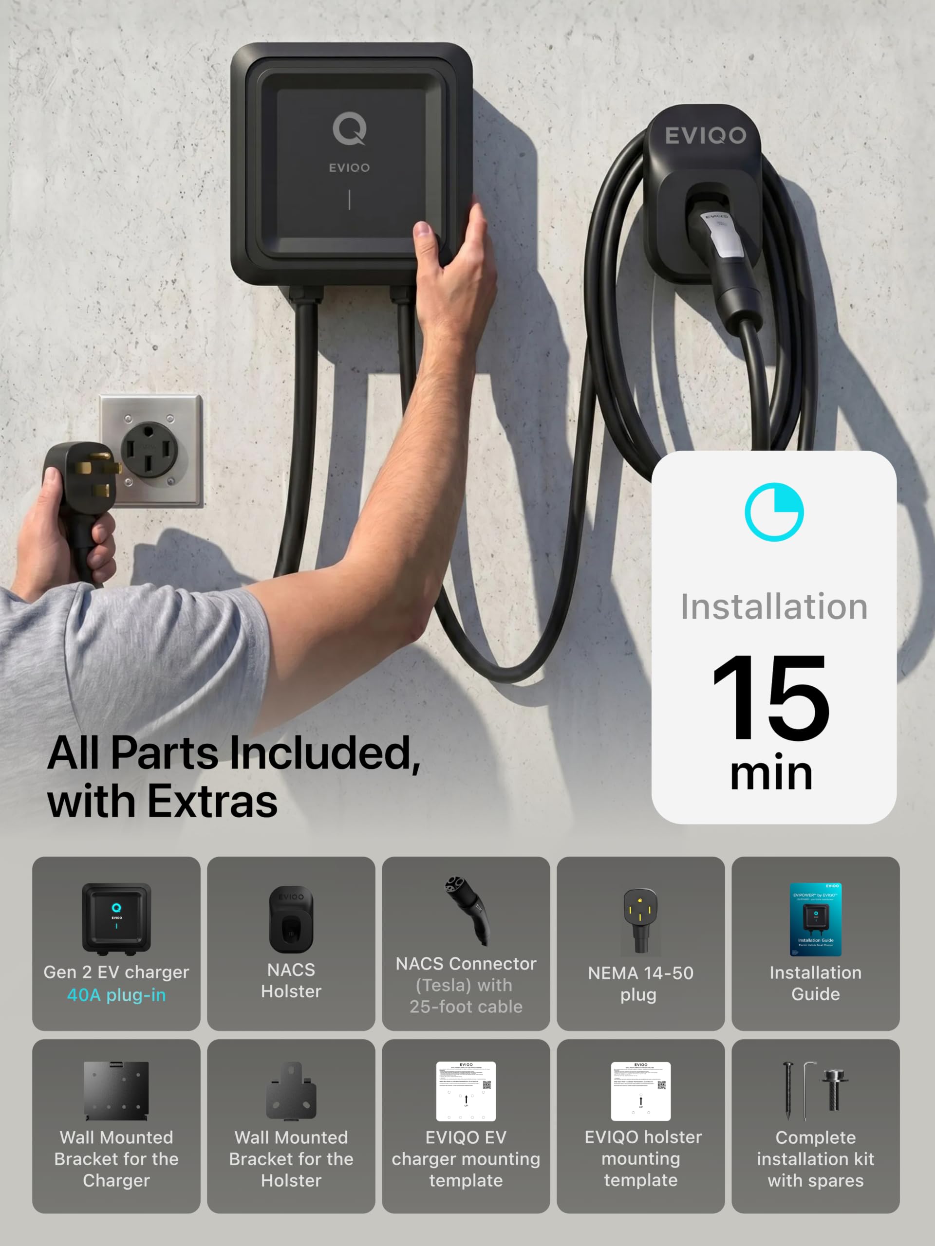 EVIQO Level 2 EV Charger J1772 40A NEMA 14-50 - 240V Wall Charging Station thumbnail 6