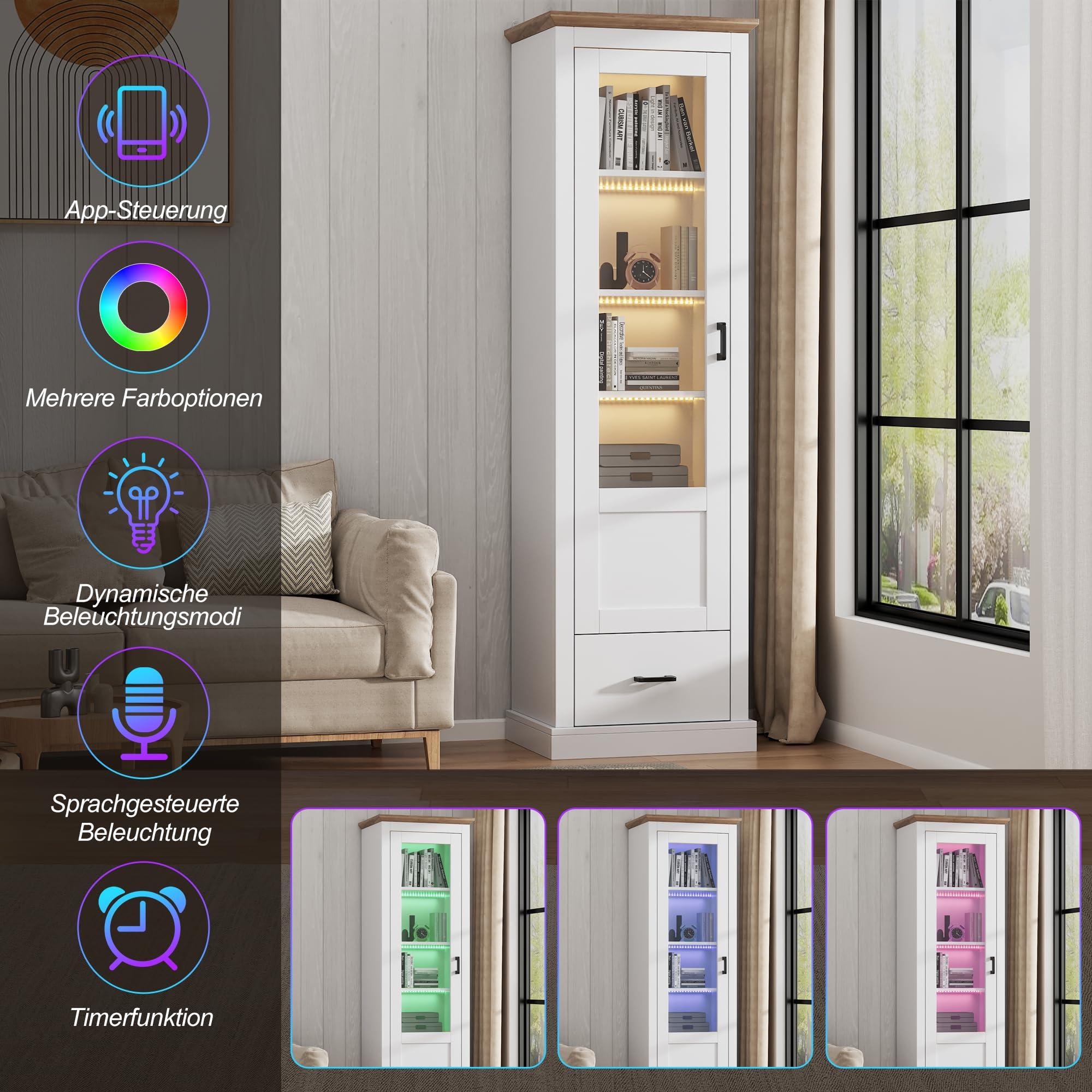 Merax Vitrine mit LED-Lichtern, Glasvitrine mit Schubladen und 5 Fächern, Modern Vitrinenschrank Bücherschrank Sammlervitrine, Hochschränk für Küchen Wohnzimmer Schlafzimmer Büro Eingang, Weiß, 178cm