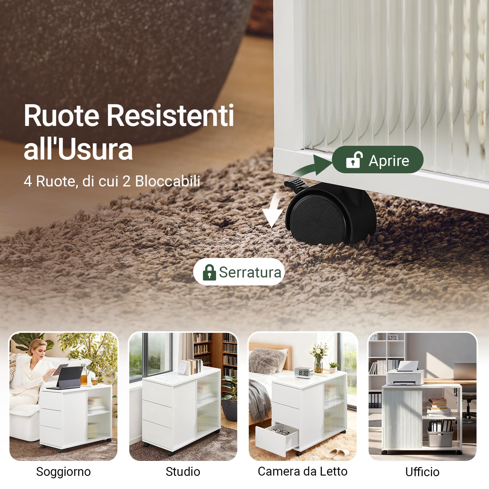 SoBuy Mobiletto con Rotelle, Comodino con 3 Cassetti e 2 Ante a Vetro, Tavolino Moderno Multifunzione per Soggiorno, Camera da Letto, Bianco 70x35x61 cm FBT141-W