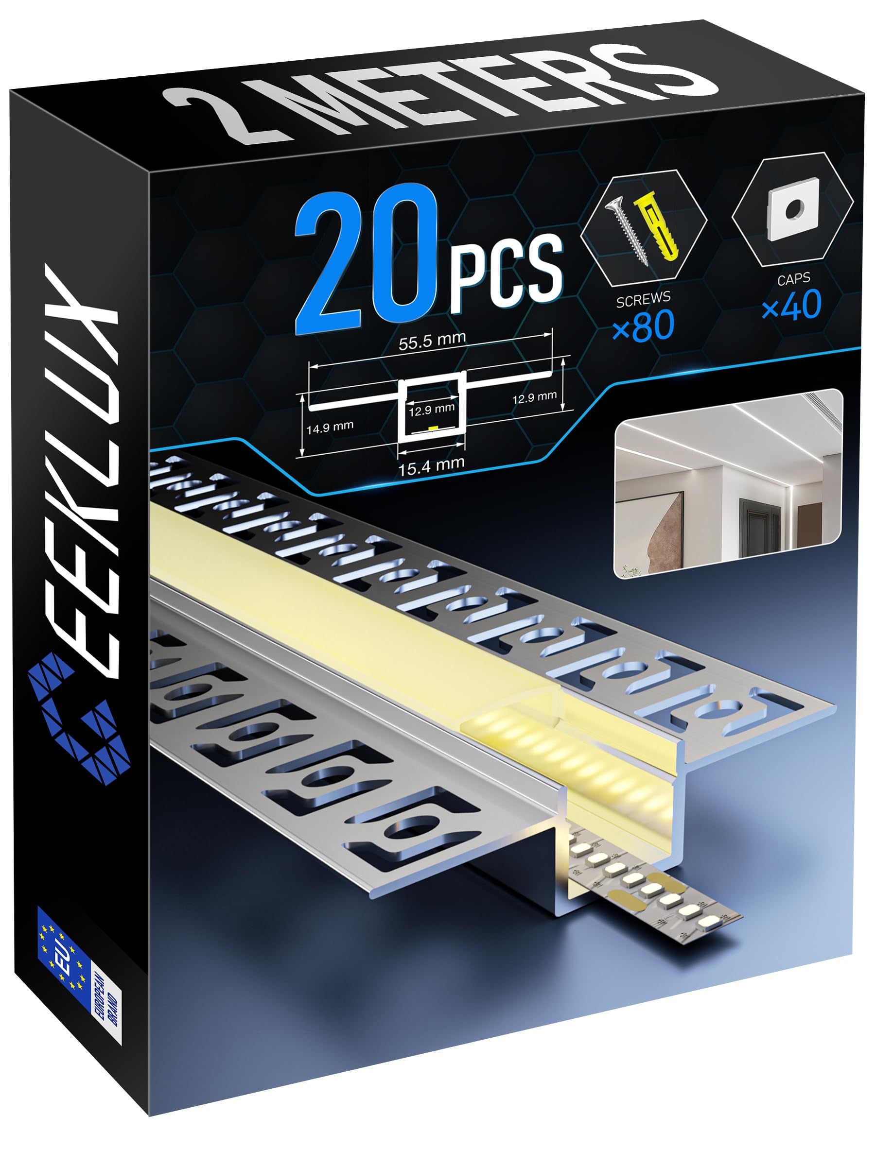GEEKLUX LED Trockenbauprofil 20 x 2m und Led Profil Unterputz, Led Schiene aus Eloxiertem Aluminium, Led Strip Kanal für Streifen bis 12mm, Indirekte Beleuchtung Decke