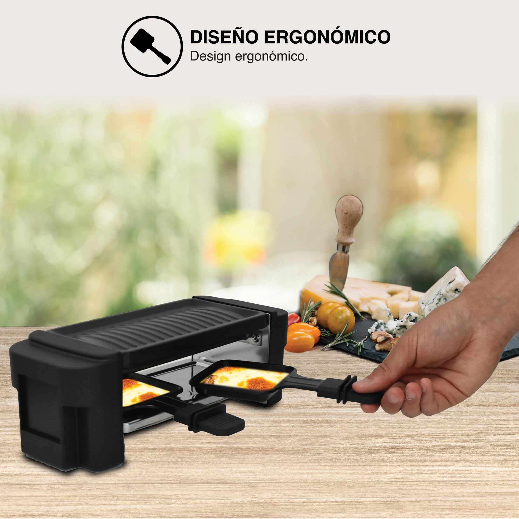 Raclette Eléctrica para 2 Personas – 400W, Placa de Hierro Fundido Extraíble, Superficie Antiadherente, Voltaje 220–240V, 2 Sartenes, Ideal para Parrilladas Saludables
