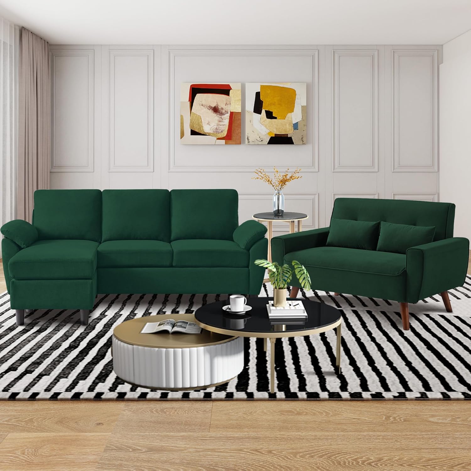 79" Convertible Sectional Sofa Sets, Modern L Shaped 3-Seat Couches with Reversible Chaise and Loveseat Sets for Living Room, Apartment, Green