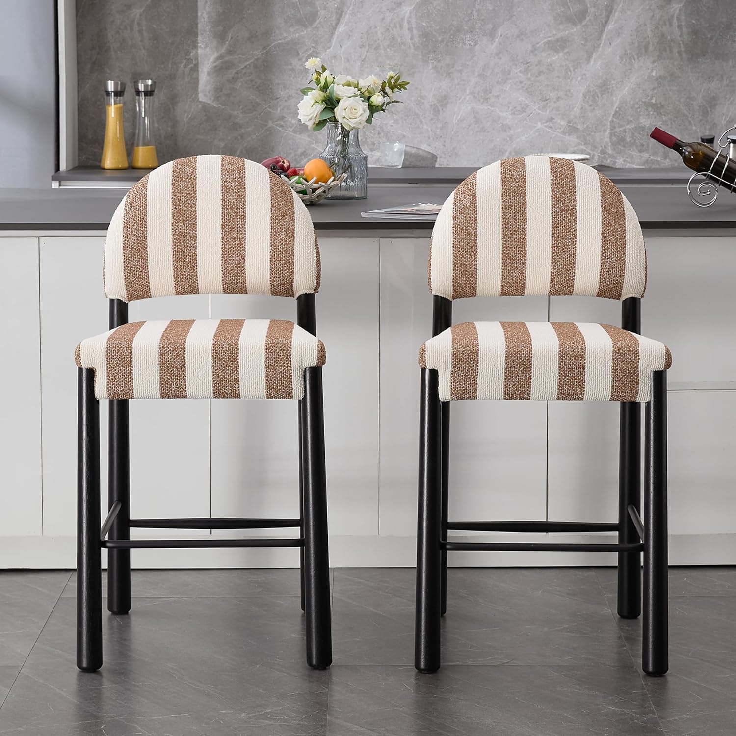 Flouki Farmhouse Counter Stools with Backs, 26" Upholstered Bar Stools Counter Height Set of 2 with Striped Linen, Kitchen Island, Black Wood Legs, Brown and White Striped