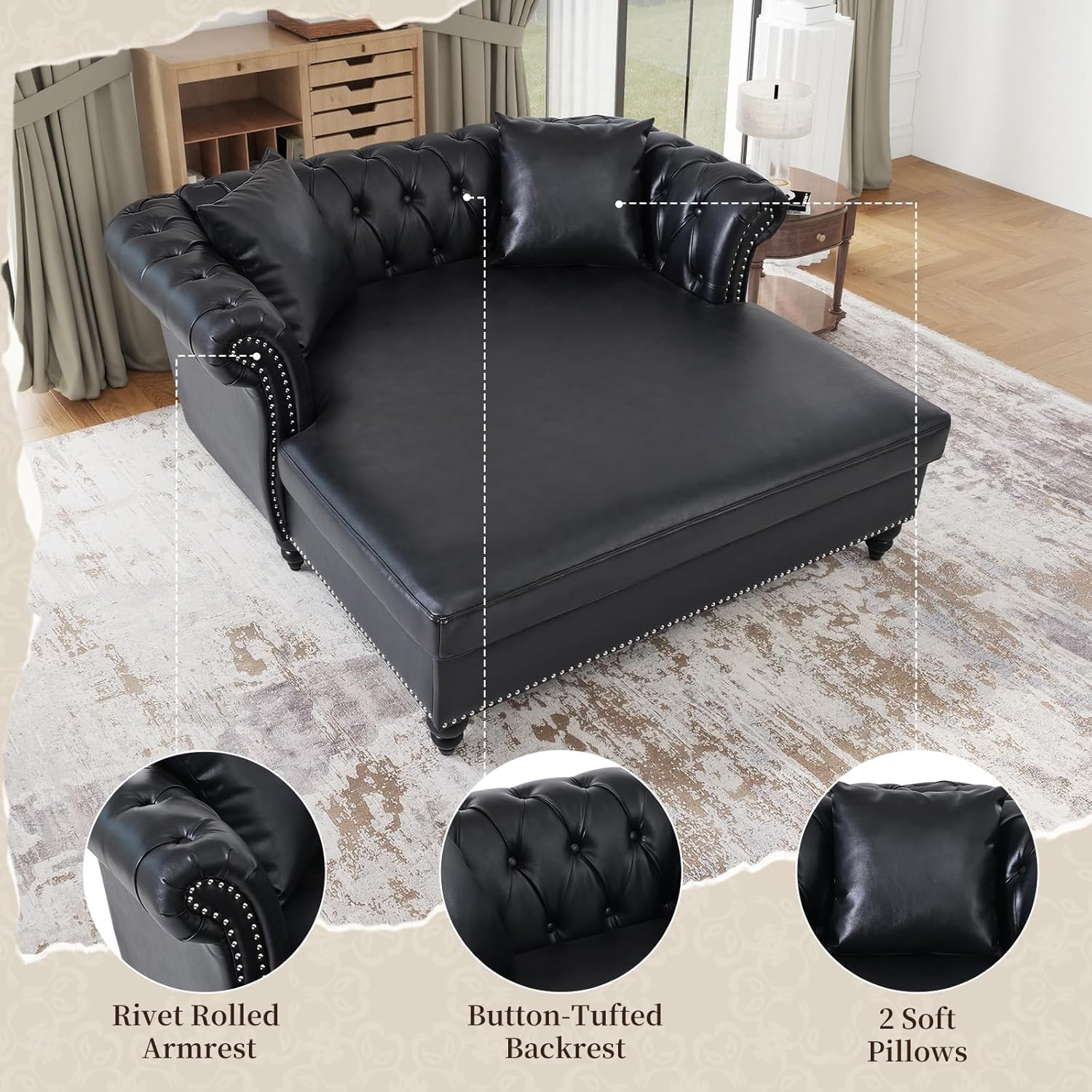 63" Oversized Chaise Lounge Indoor Chair, Faux Leather Chesterfield Loveseat, Double Chaise Sofa with 2 Pillows, Button Tufting and Rolled Arms Sleeper Couch for Living Room, Black