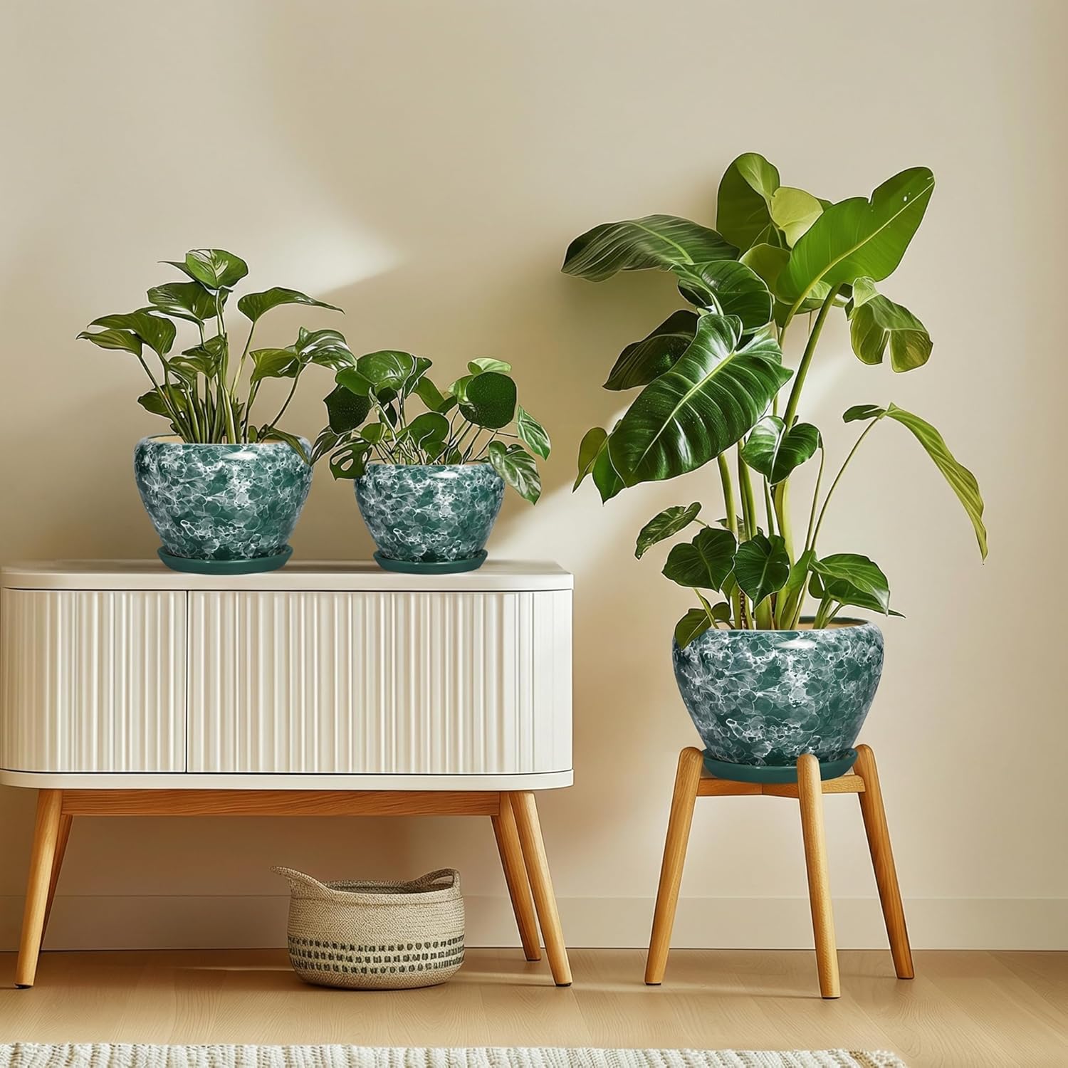 Ceramic Planter - 10 Inch Pots for Plants Indoor Outdoor, Decorative Modern Flower Pots with Drainage Hole and Saucer, Round Large Plant Pot, House Decor, Gifts for Gardeners, Bubble Green