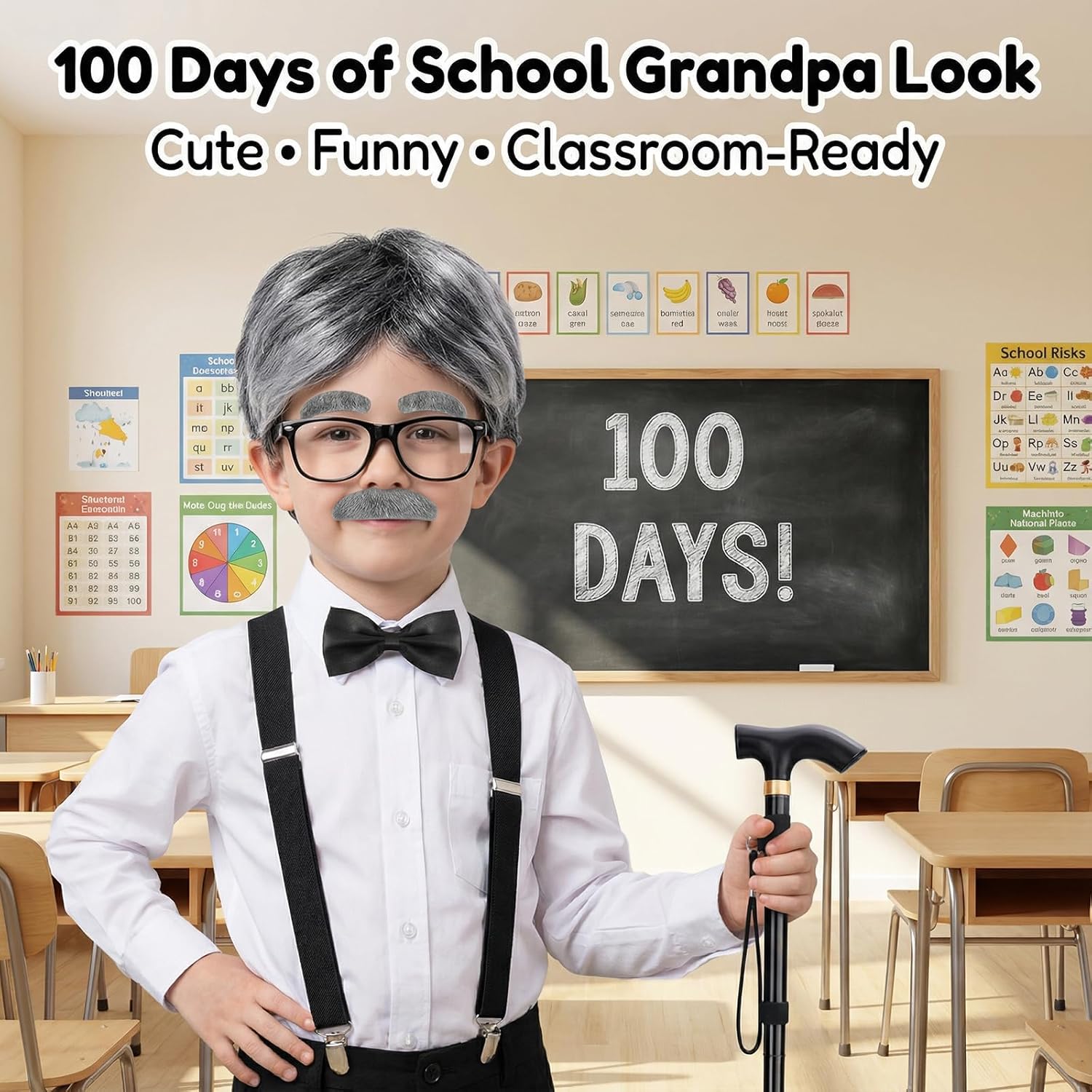 Santoy Old Man Wig Costume for Kids - 100 Days of School Dress-Up with Grandpa, Perfect for Halloween Cosplay and Fun for Adults and Boys