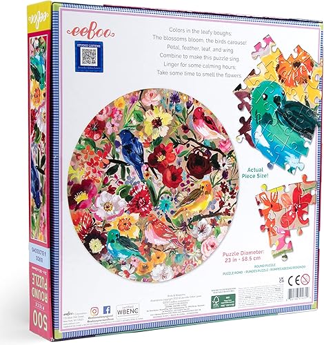 Miniatura 2 de eeBoo: Piece and Love Birds & Blossoms - Rompecabezas redondo de 500 piezas para adultos, 23 pulgadas de diámetro una vez completado, piezas de