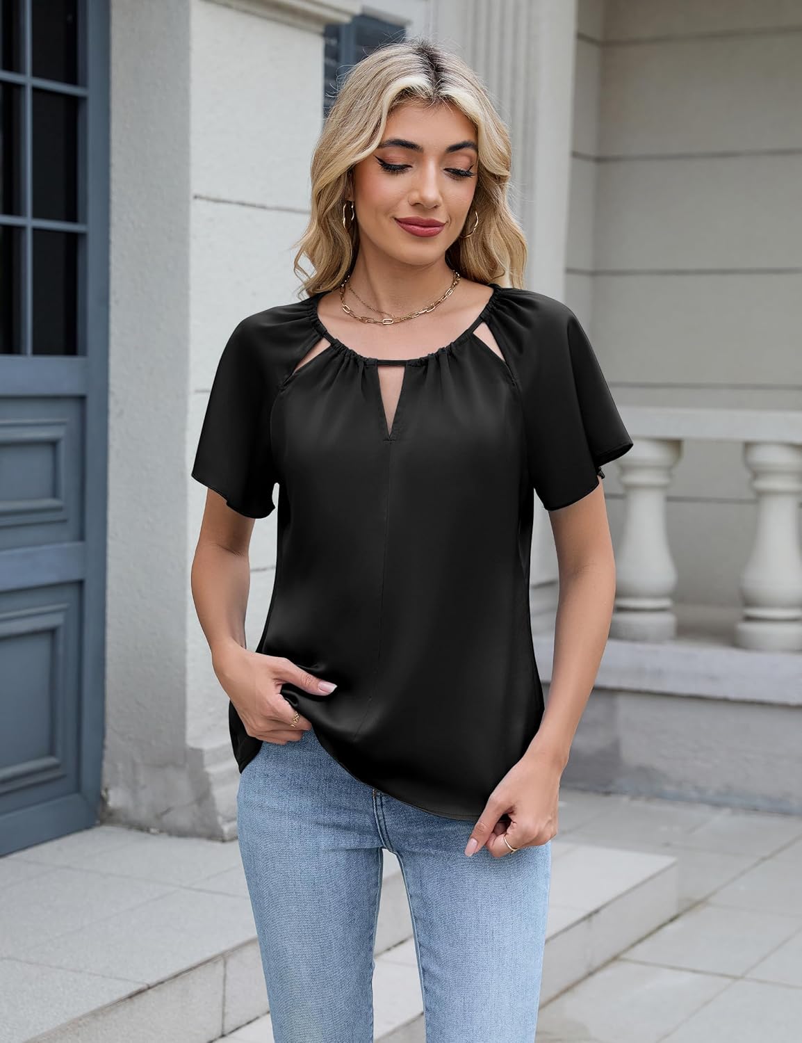 Blooming Jelly Womens Business Casual Outfits Trendy Summer Tops 2026 Satin Work Blouses Dressy Short Sleeve Shirts - Image 5