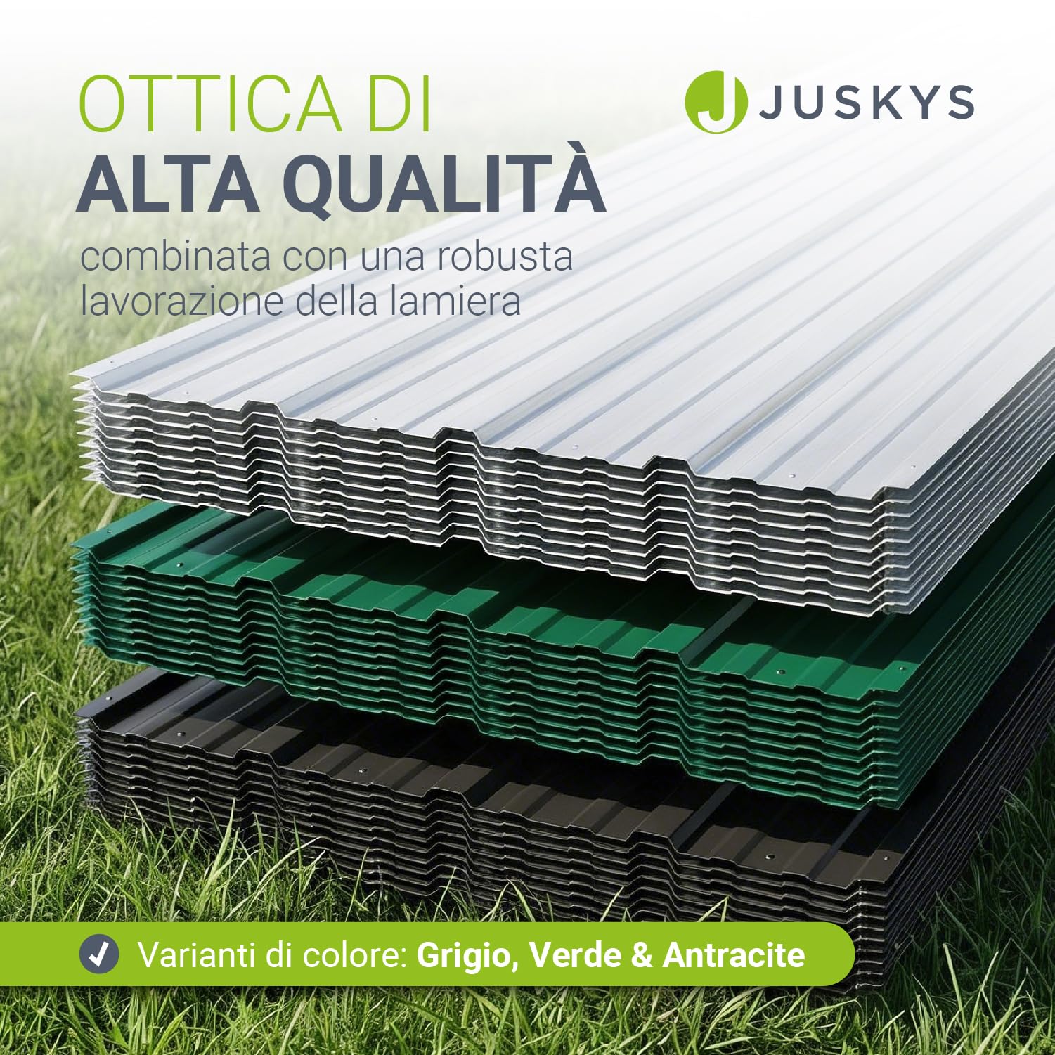 JUSKYS® Lamiera Grecata Antracite - Acciaio Zincato, Protezione UV, Alta Resistenza Meccanica, Fori Preforati, Set da 12, 129x45 cm, 0,23 mm