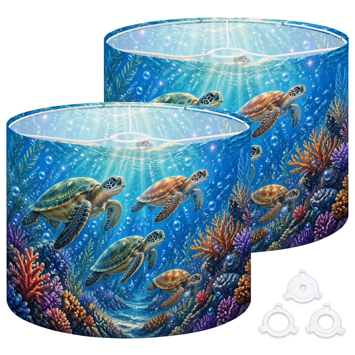 Fabric Round Drum Lamp Shade Iridescent Turtles Glimpse Ocean Mystery Medium Linen Decorative Assembly Replacement Lampshades 13inch Set of 2 for Table Lamps, Floor Lamps,Ceiling Lamp