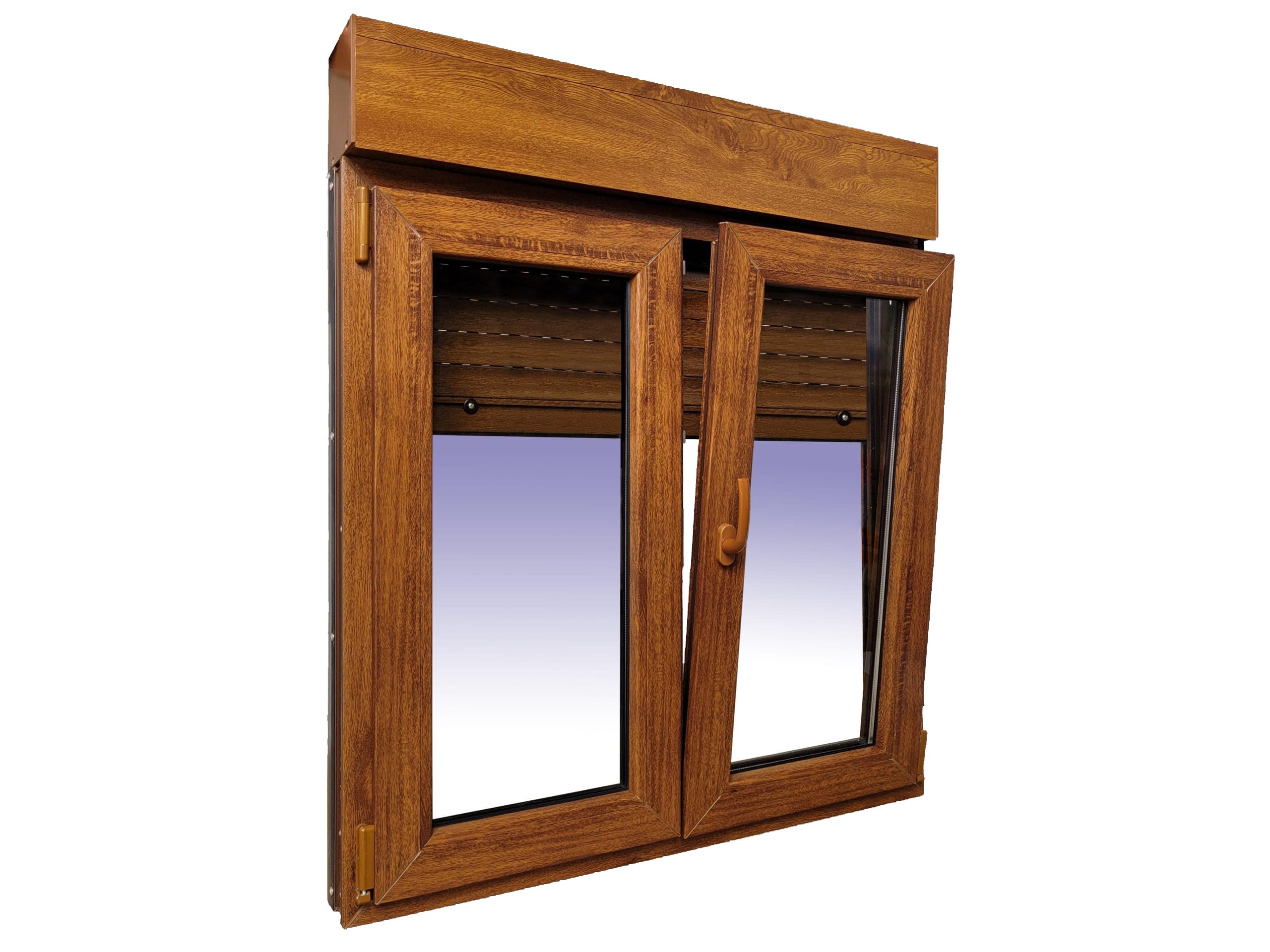Ventanastock Ventana PVC Roble 1000x1155 Practicable Oscilobatiente 2 hojas con Persiana de PVC