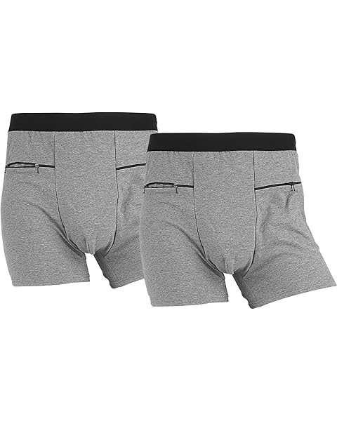 LUEXBOX Pocket Underwear for Men with Secret Hidden Pocket, Travel Boxer Briefs, 2 Packs (Gray)