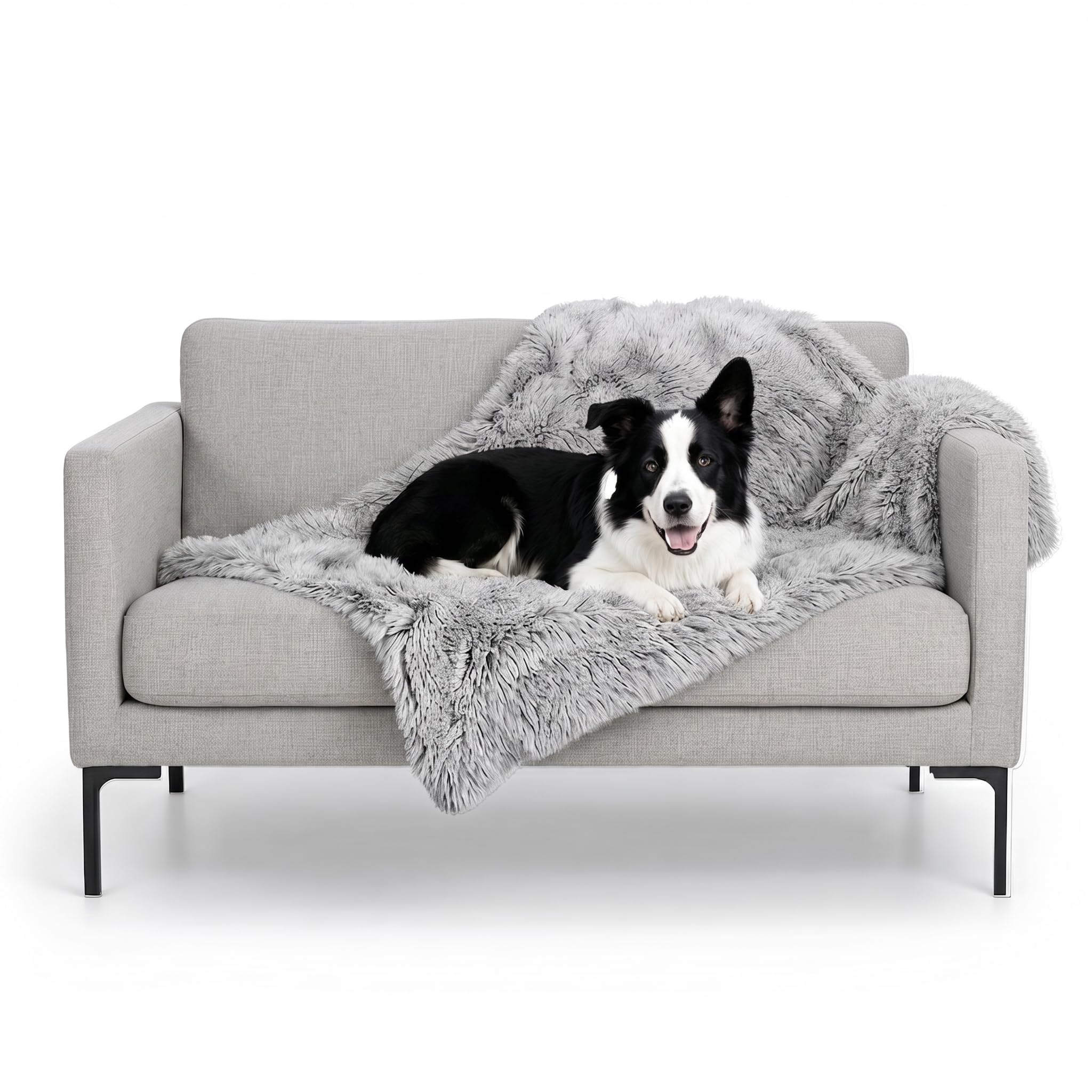 Furhaven Waterproof Throw Blanket for Dogs &amp; Indoor Cats, Washable - Shaggy Plush Calming Long Faux Fur &amp; Velvet Dog Blanket - Mist Gray, Large
