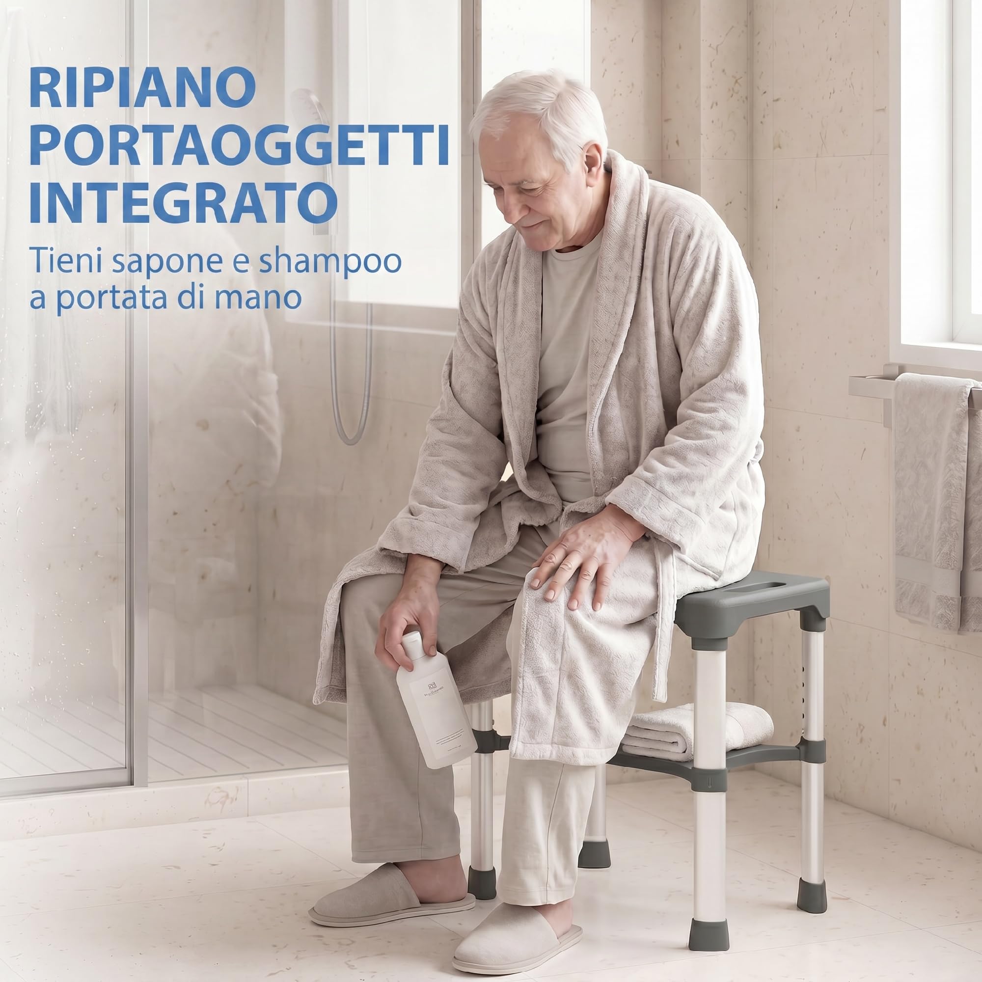 HOMCOM Sgabello per Doccia in Alluminio, Barra a Ventosa, 150kg, Grigio | Mensola Integrato, Sgabello Bagno con Ventosa, Altezza Regolabile 5 Livelli, per Anziani e Disabili
