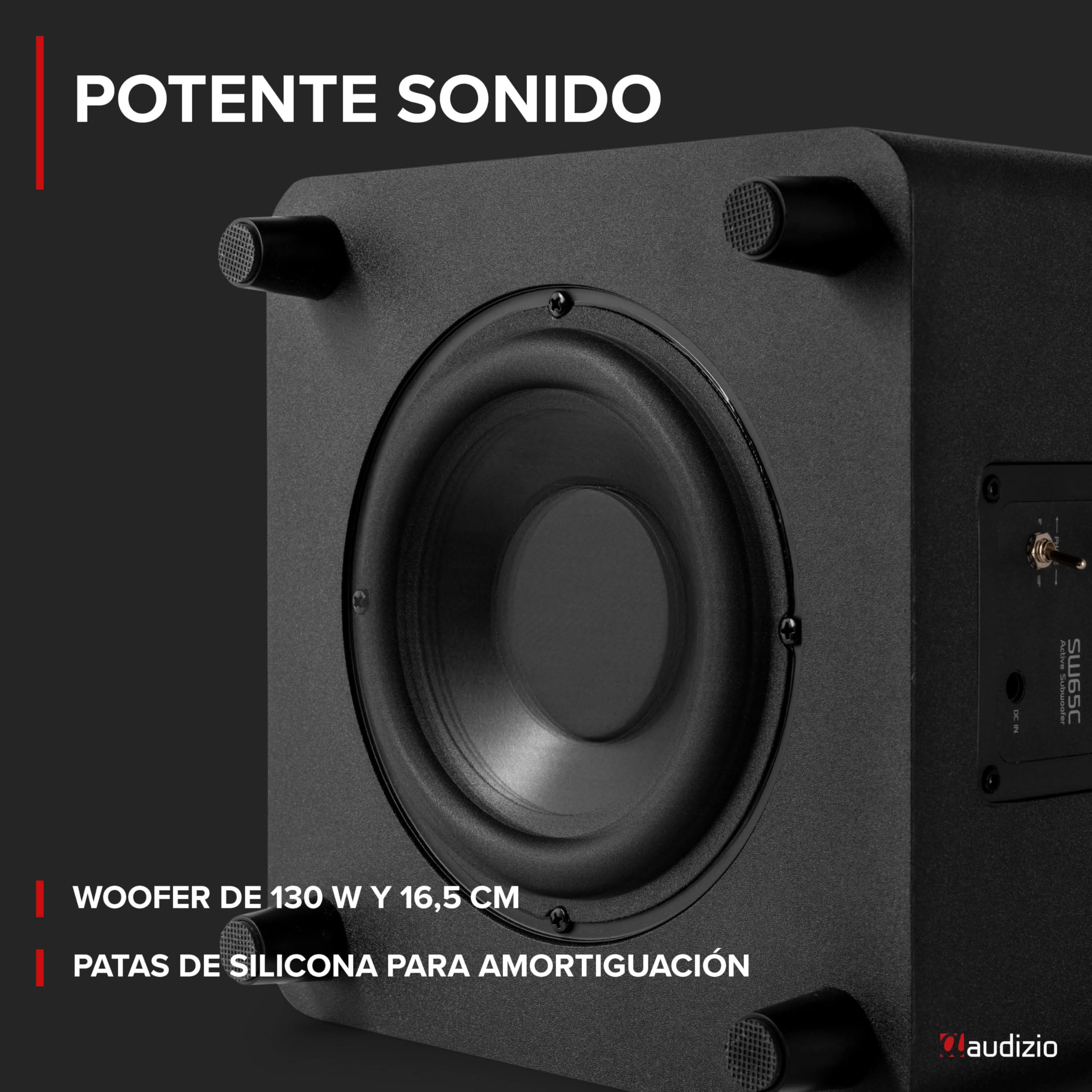 Audizio SW65C – Subwoofer Activo HiFi de 130W con woofer 6,5” y Graves Profundos, Filtro Ajustable, Control de Fase, Bass Reflex, Altavoz para Home Cinema, soundbars y Equipos de música, Color Negro