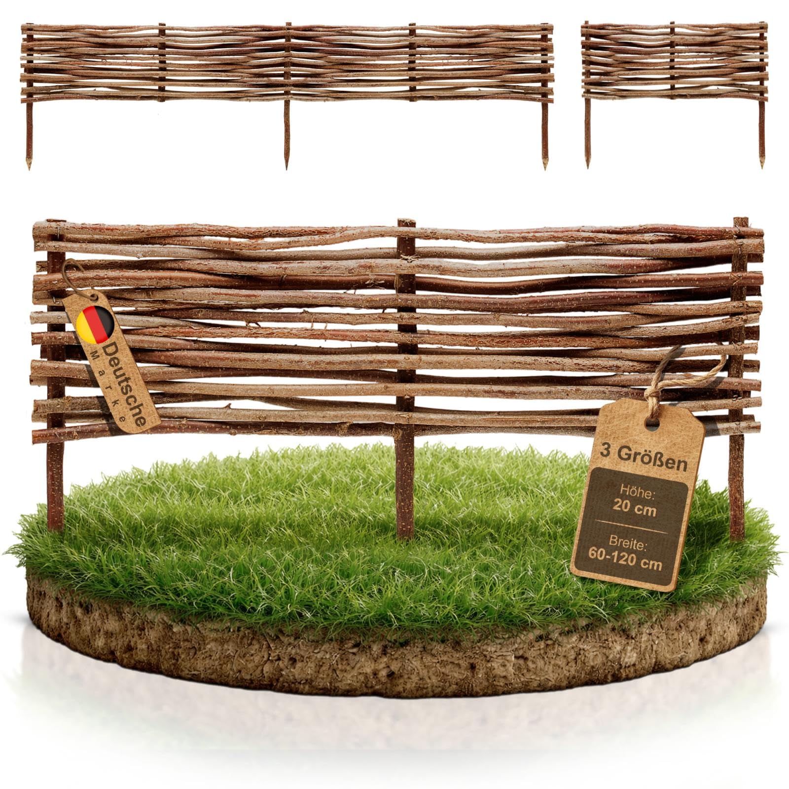 BOOGARDI Mini Gartenzaun Holz · Rasenkante in 3 Größen · 5X Beeteinfassung 20 cm hoch x 120 cm lang · Holz Zaun Beetbegrenzung · Steckzaun zur Beetumrandung · Holzzaun Garten Beetzaun