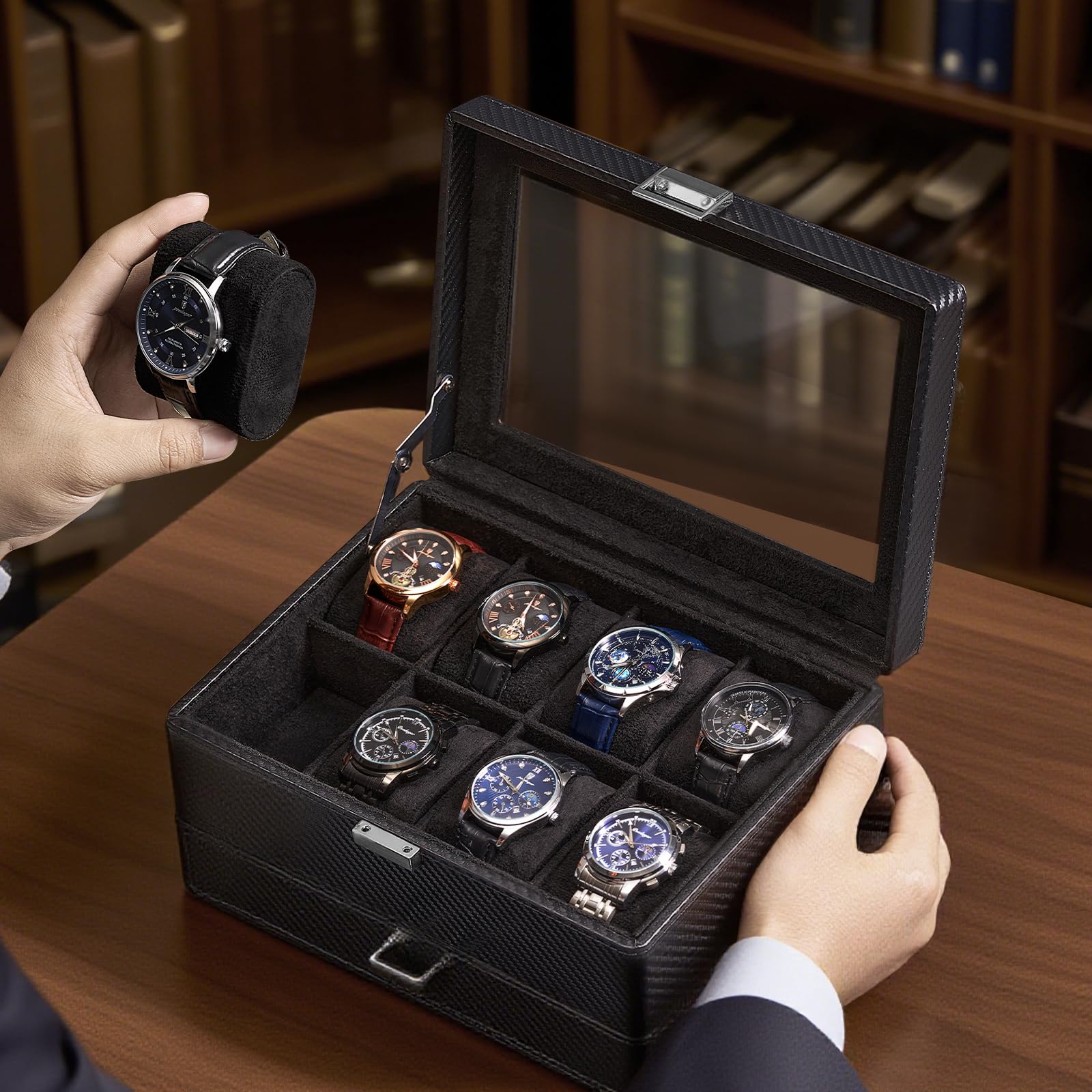 ProCase 8 Slot Scatola Orologio per Gli Uomini, Gioielli Organizzatore Scatola con Cassetto, Mostra Custodia con Coperchio di Vetro -Tutto Nero