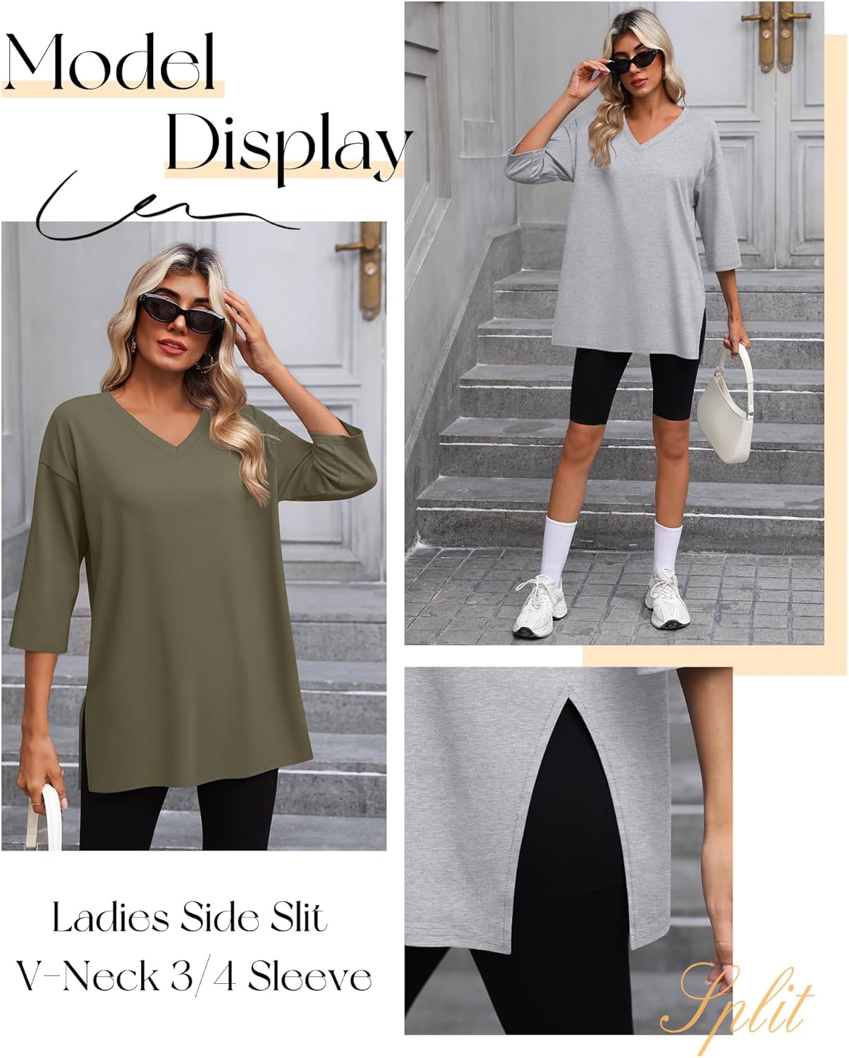 3 Pack Women's 3/4 Sleeve Oversized T-Shirts V Neck Comfy Casual Tunic Tops Knit Side Basic Split Loose Fit Tees - Image 3