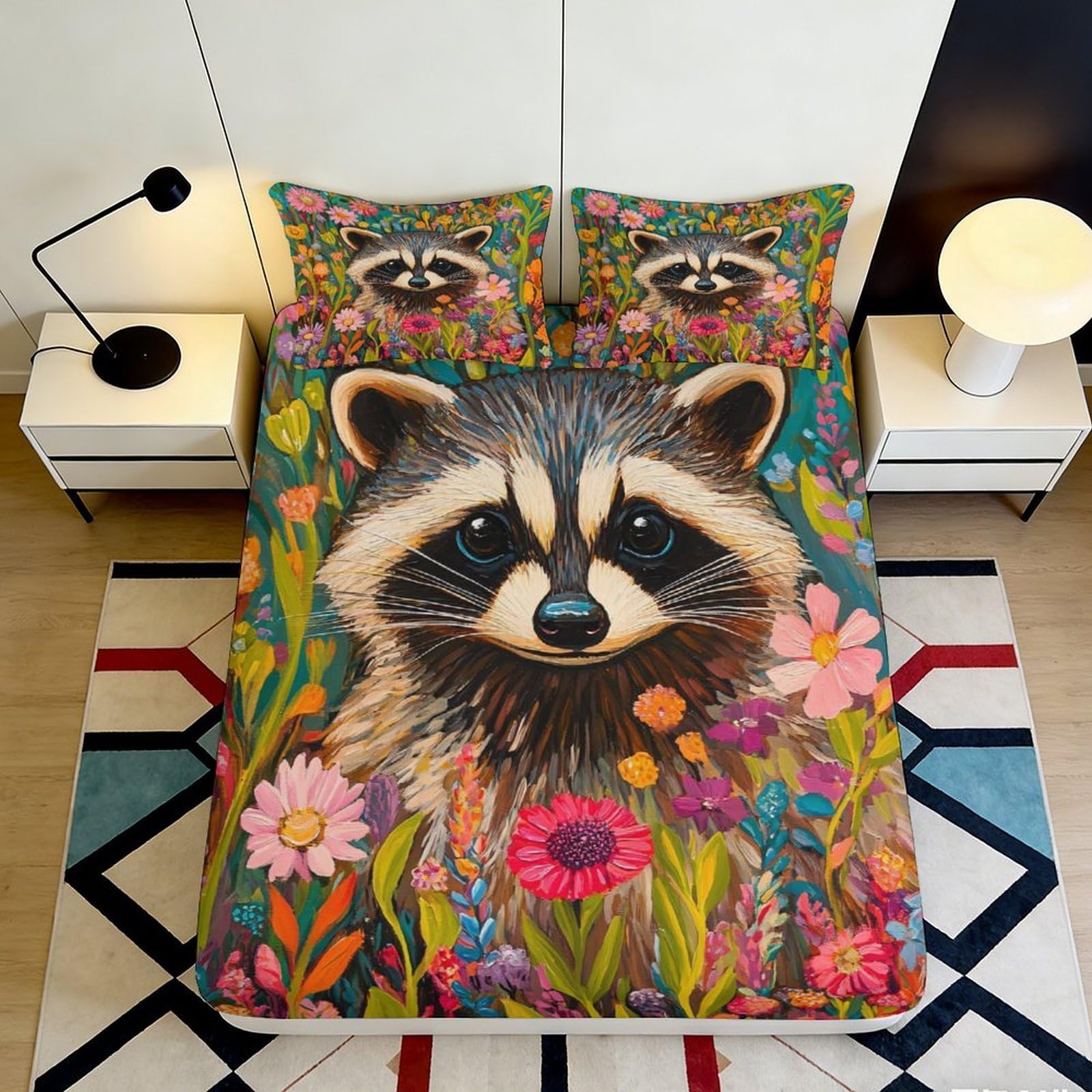 Jqzkxnhpbr Style-5 3D Printed Raccoon Flower Fitted Sheet Microfiber Soft Breathable Wild Meadow Bed Cover For Bedroom Dorm Decor 90X200x25cm