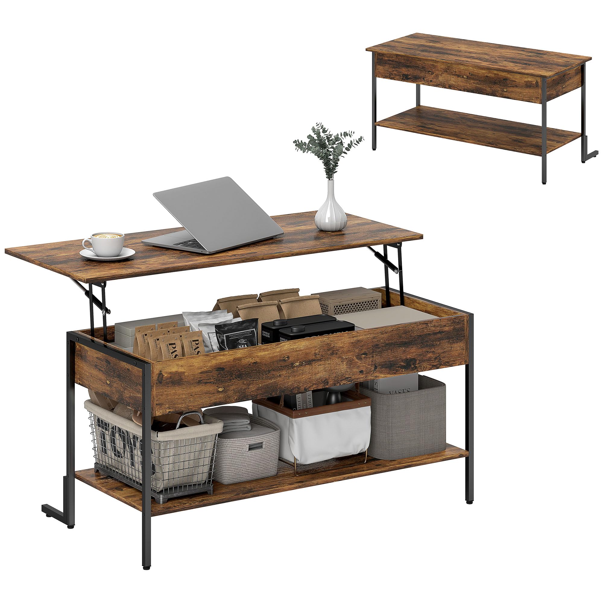 HOMCOM Lift Top Coffee Table with Storage, Soft Close, Industrial Living Room Table with Hidden Compartment and Open Shelf, Rustic Brown