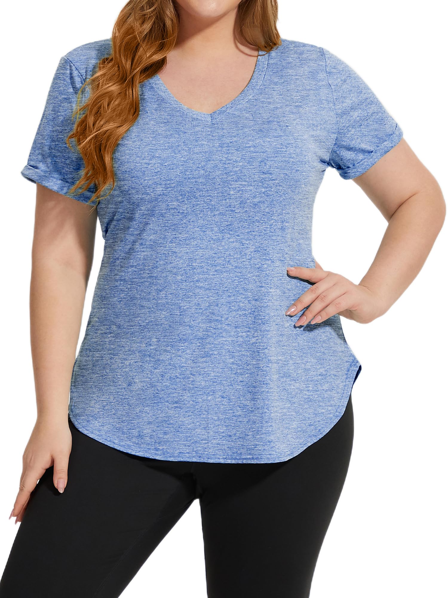 FOREYOND Plus Size Workout Tops for Women T Shirts Loose Fit V Neck Clothing Yoga Casual Summer