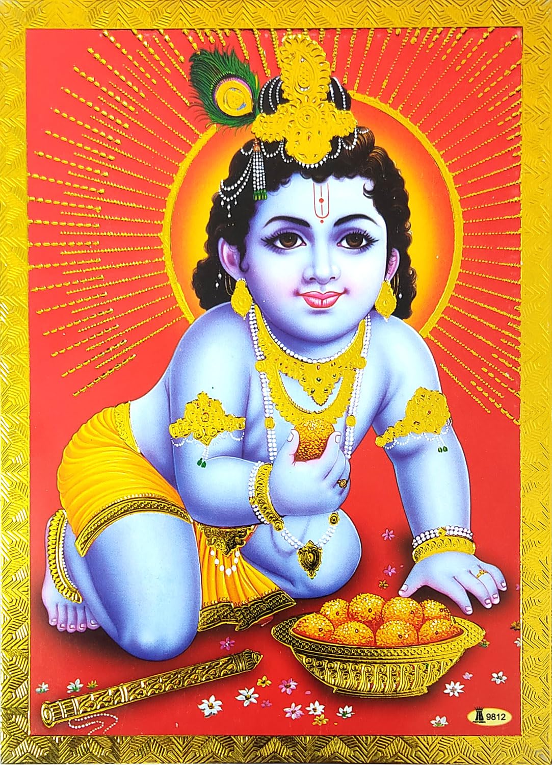 Crafts of India Ladoo Gopal Baby Krishna Poster/Reprint Hindu God Picture with Golden Foil Divine Reprint for Home Temple, Pooja Room & Festival Gifts (Unframed : 5"X7" inch)