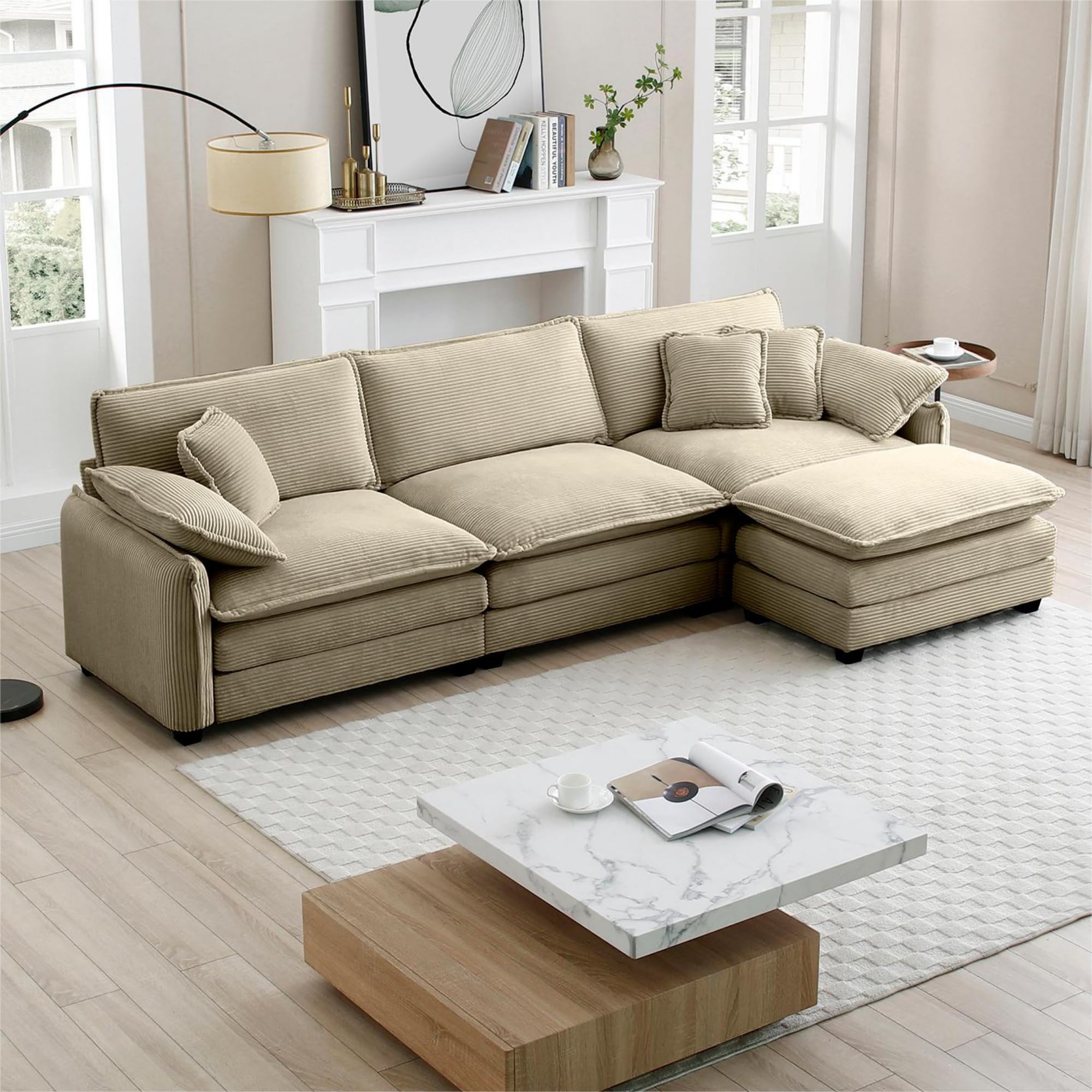 115" Modular Sectional Sofa,L Shaped Sectional Couches for Living Room,3-Seater Corduroy Upholstered Cloud Couches with Movable Ottoman and Deep Seats