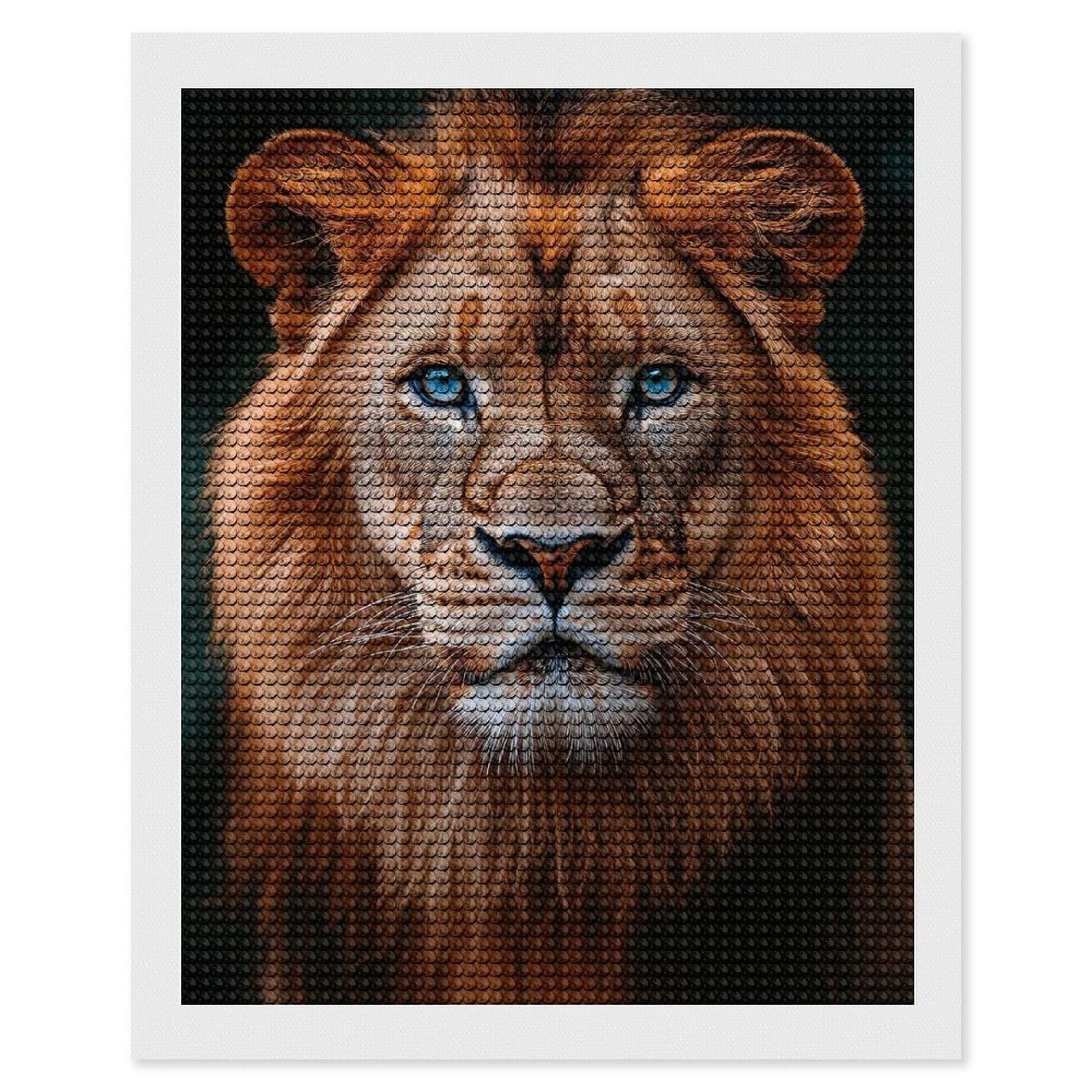 Junmoney Lion Portrait with Blue Eyes Diamond Painting Canvas Set 16"x20", Full Kit Included, Calming Craft to Unwind, Farmhouse Decor, Christmas Gift